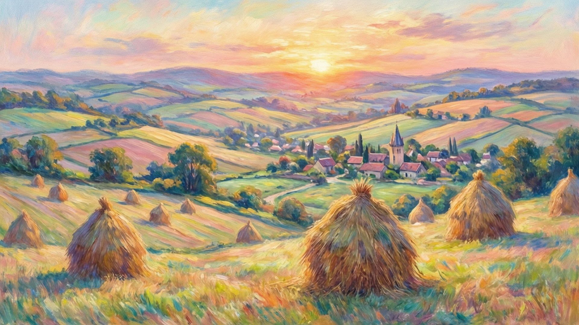 Countryside at Sunset 壁紙 — 金色的乾草堆點綴著起伏的綠色山丘，在日落時分俯瞰一個有教堂尖頂的古樸村莊。