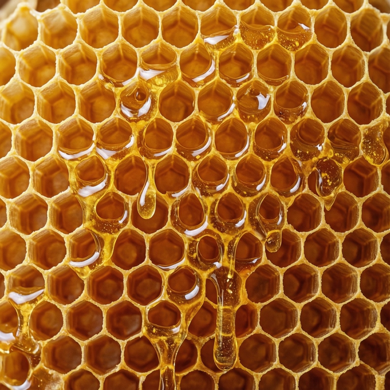 Honeycomb Detail 壁紙 — 金黃色的蜂蜜從充滿琥珀色花蜜的六角形蜂巢特寫中滴落。
