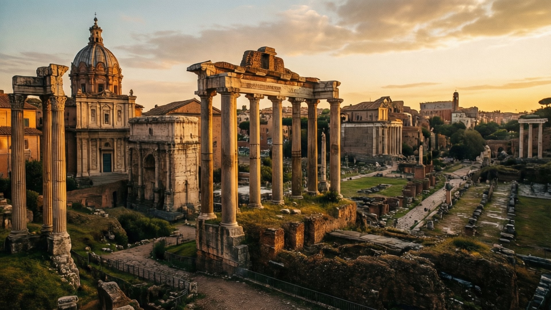 Roman Republic 桌布 壁紙 — 黃金時段的光線沐浴著古羅馬遺跡，高聳的柱子和圓頂建築映襯著溫暖的天空。