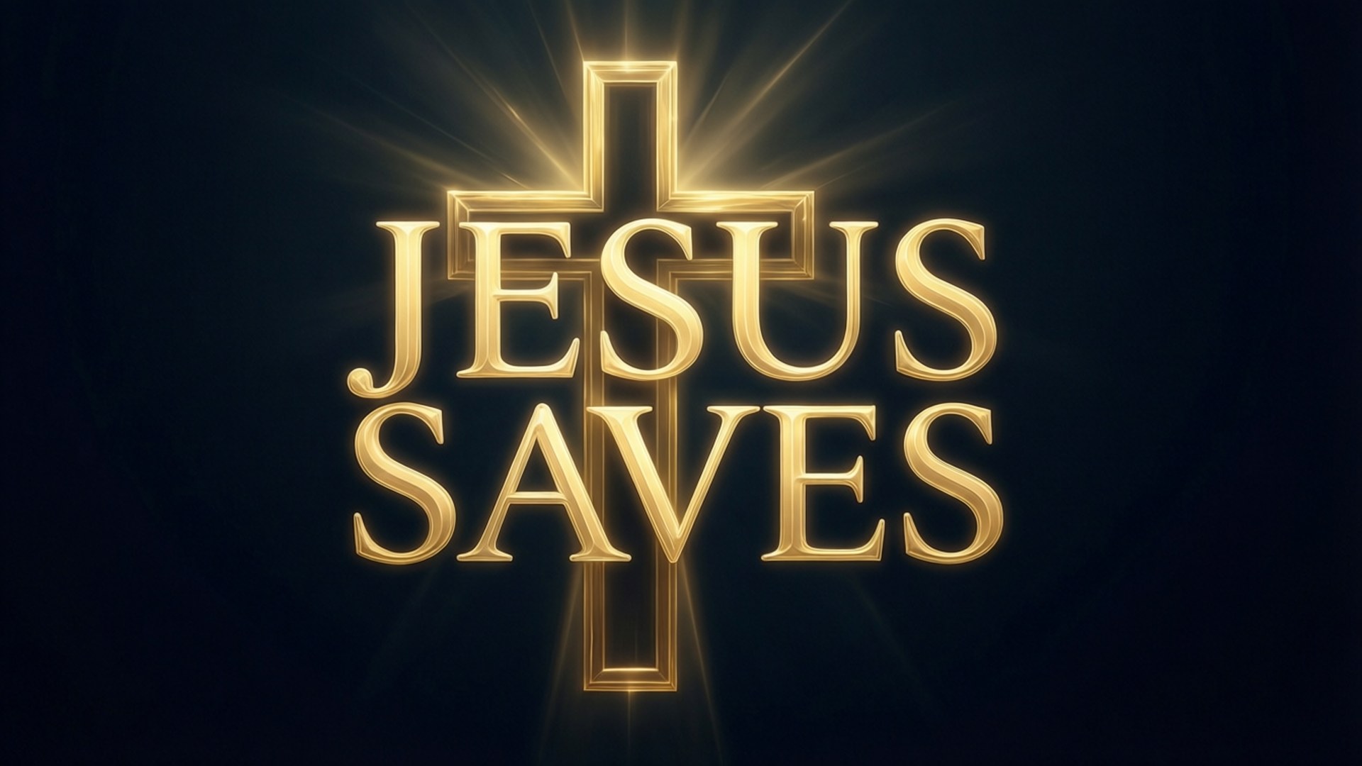 Jesus Saves Typography 壁紙 — 金色的「JESUS SAVES」文字和發光的十字架在黑暗背景上散發出神聖的光芒。