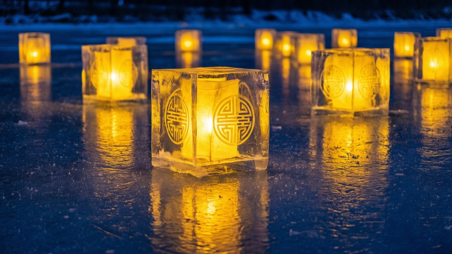 Floating Ice Lanterns 壁紙 — 刻有圓形符號的金色燈籠在深藍色夜空下的冰凍湖面上溫暖地發光。
