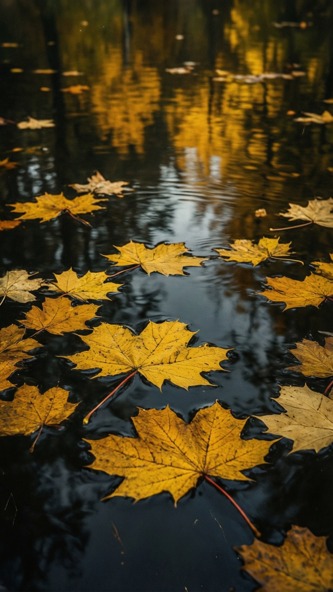 Autumn Leaves on Water 壁紙 — 金色楓葉靜靜漂浮在倒映著秋樹和天空的暗水上。