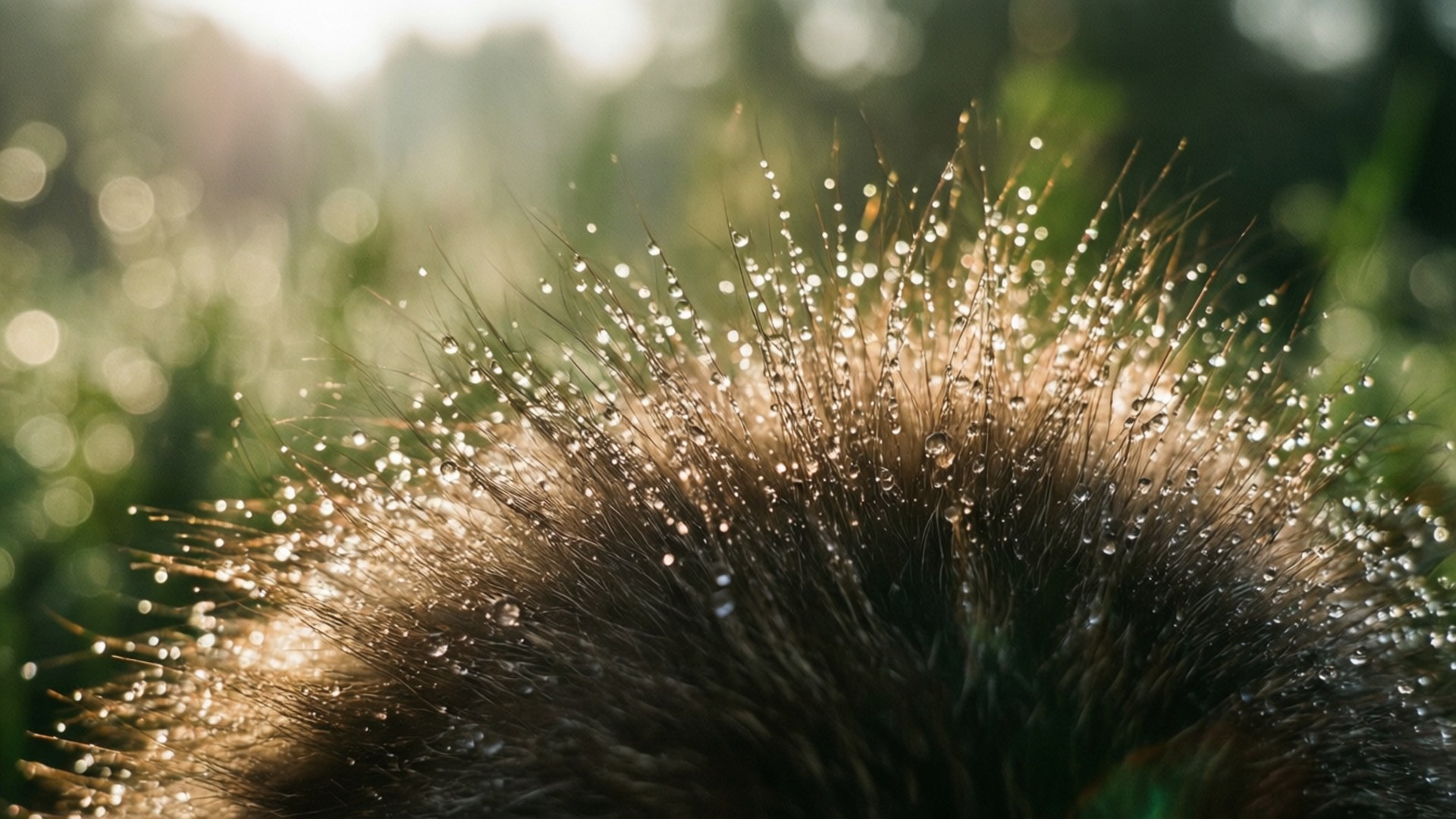 Dewy Fur in Morning Light 壁紙 — 金色晨光照耀在細草葉上的露珠上，在柔和模糊的綠色背景下閃閃發光。