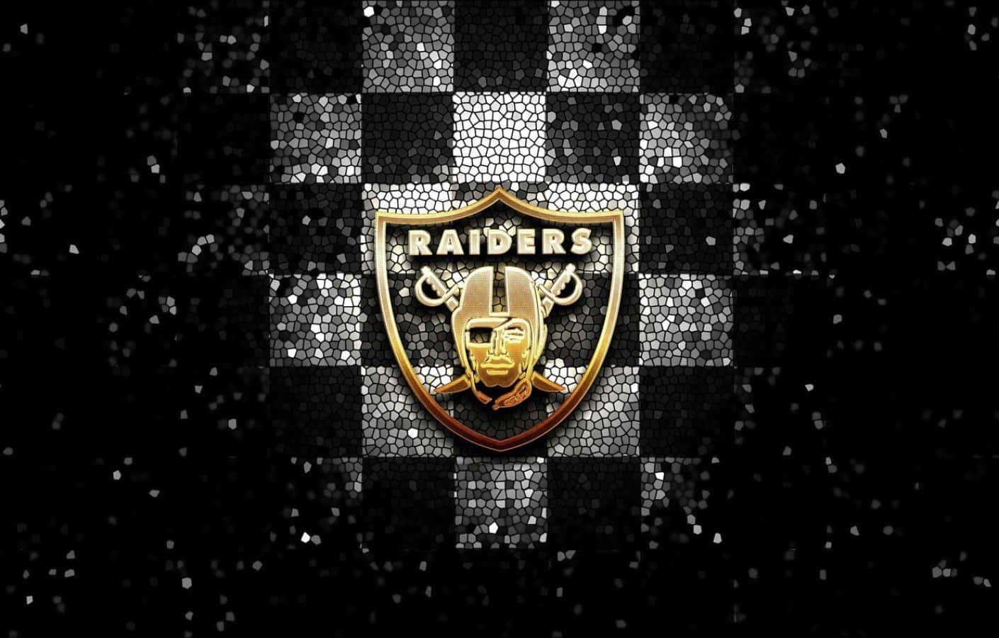 Golden Raiders 標誌在棋盤格黑色和銀色背景上，帶有亮粉。 — 突襲者 GIF 壁紙