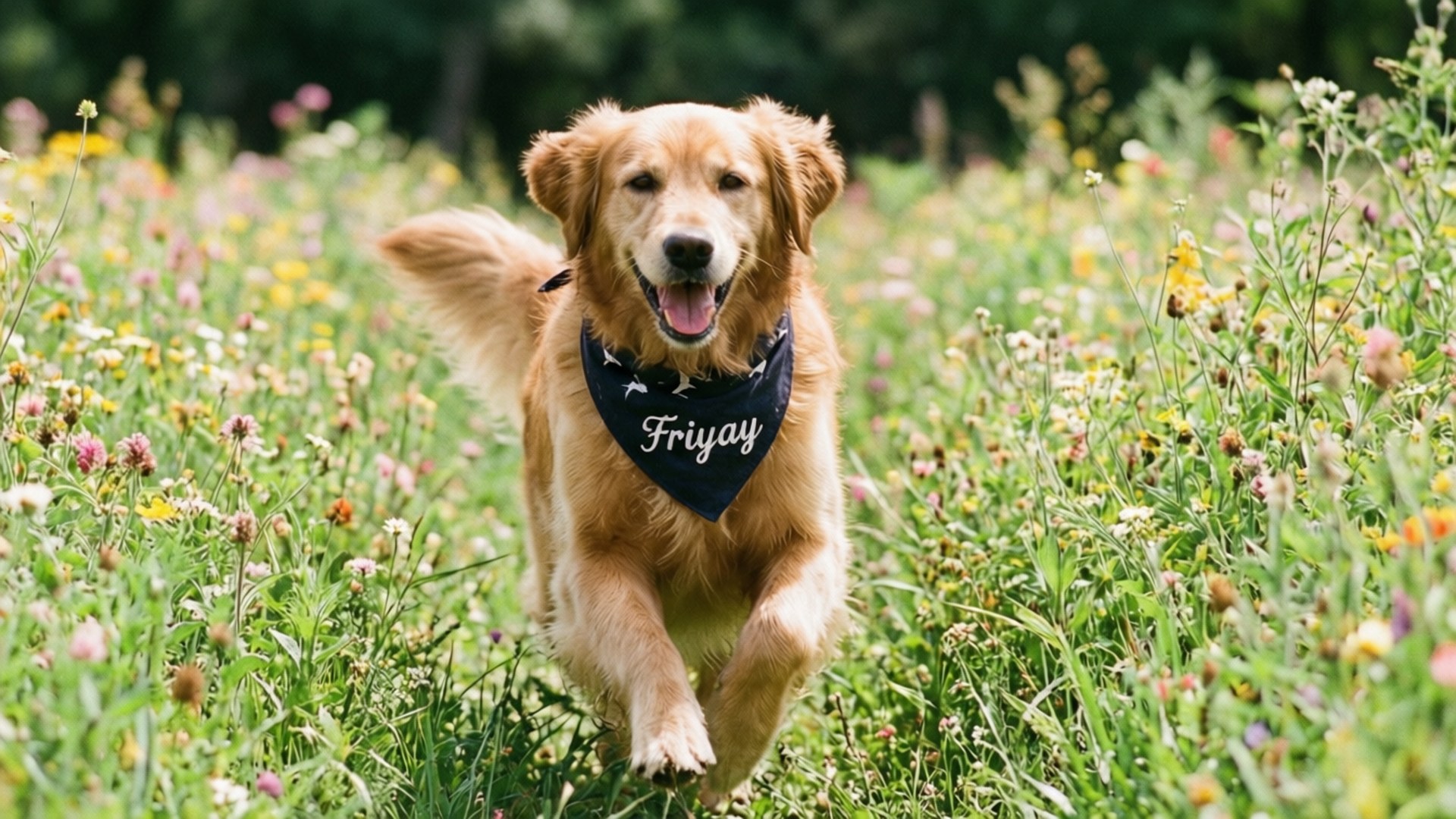 Friyay Dog 壁紙 — 一隻黃金獵犬戴著藍色頭巾，上面有名字 Friyay，在陽光明媚、充滿色彩繽紛野花的草地上快樂地奔跑。