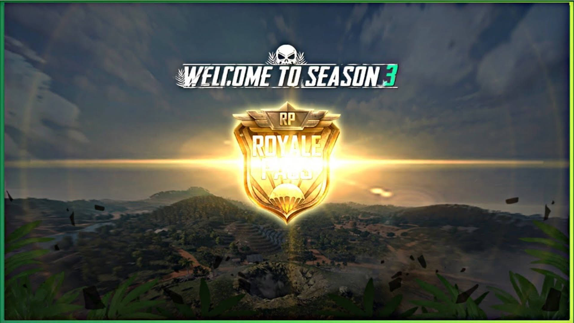電玩遊戲 桌布 壁紙 — Golden Royale Pass 徽章在陽光明媚的叢林景觀上發光，上方有漂浮的碎片和骷髏標誌。