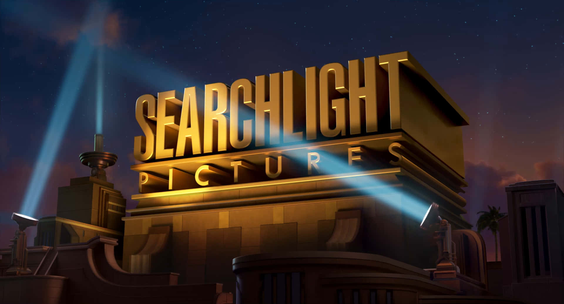 Searchlight 桌布 壁紙 — Golden Searchlight Pictures 標誌在夜間亮起，光束穿過風格化建築上方的星空。