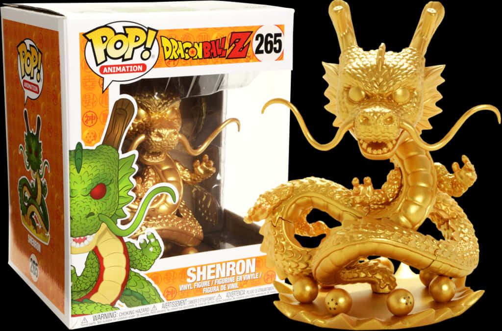 Product 桌布 壁紙 — Golden Shenron Funko Pop! 乙烯基公仔在黑色背景前與其橙色和白色包裝並排擺姿勢。