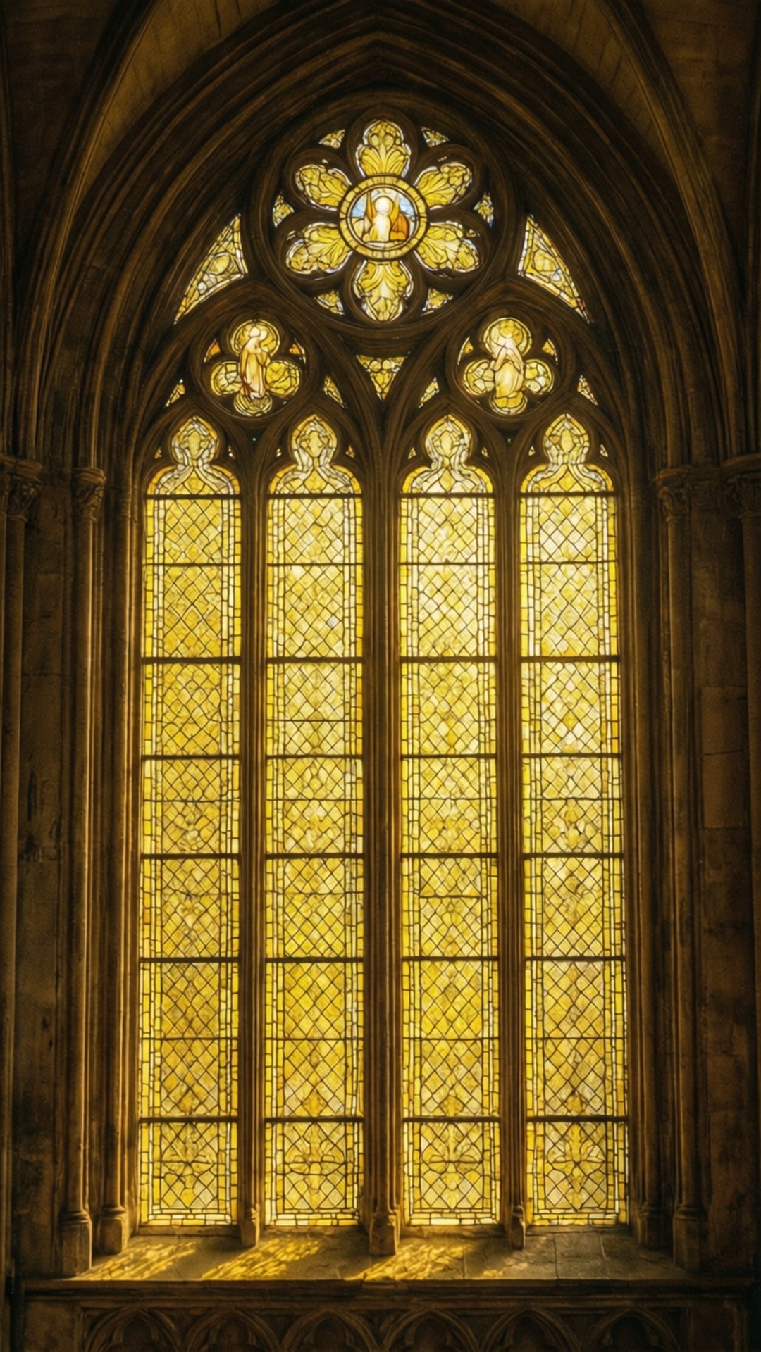 Yellow Stained Glass Window 壁紙 — 金色彩繪玻璃窗，帶有複雜的窗飾和花卉圖案，將石造大教堂內部沐浴在溫暖的光線中。