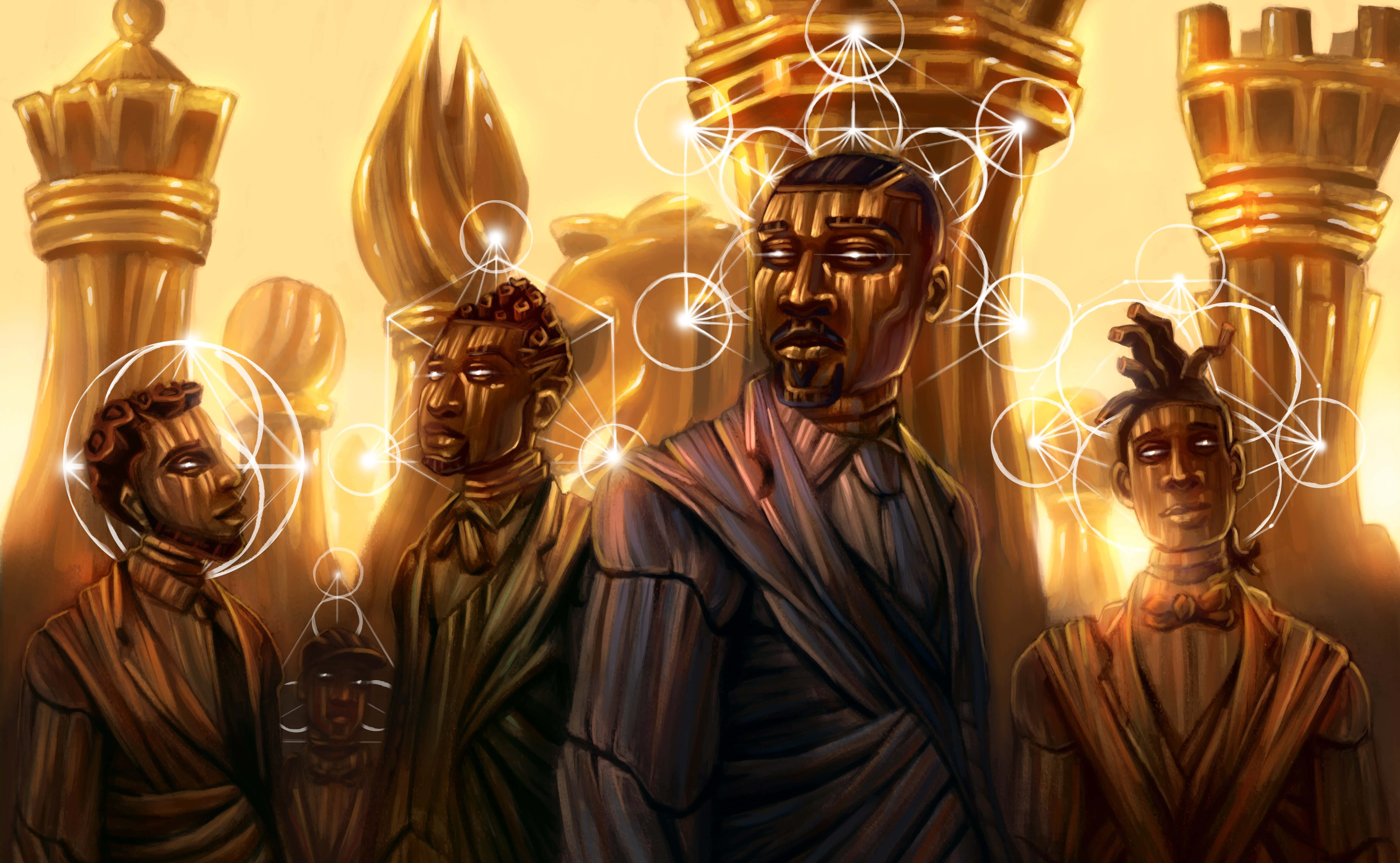 Afrofuturism 桌布 壁紙 — 金色雕像，描繪皇室人物，帶有發光的幾何能量圖案，漂浮在他們頭頂上方，背景溫暖而光芒四射。
