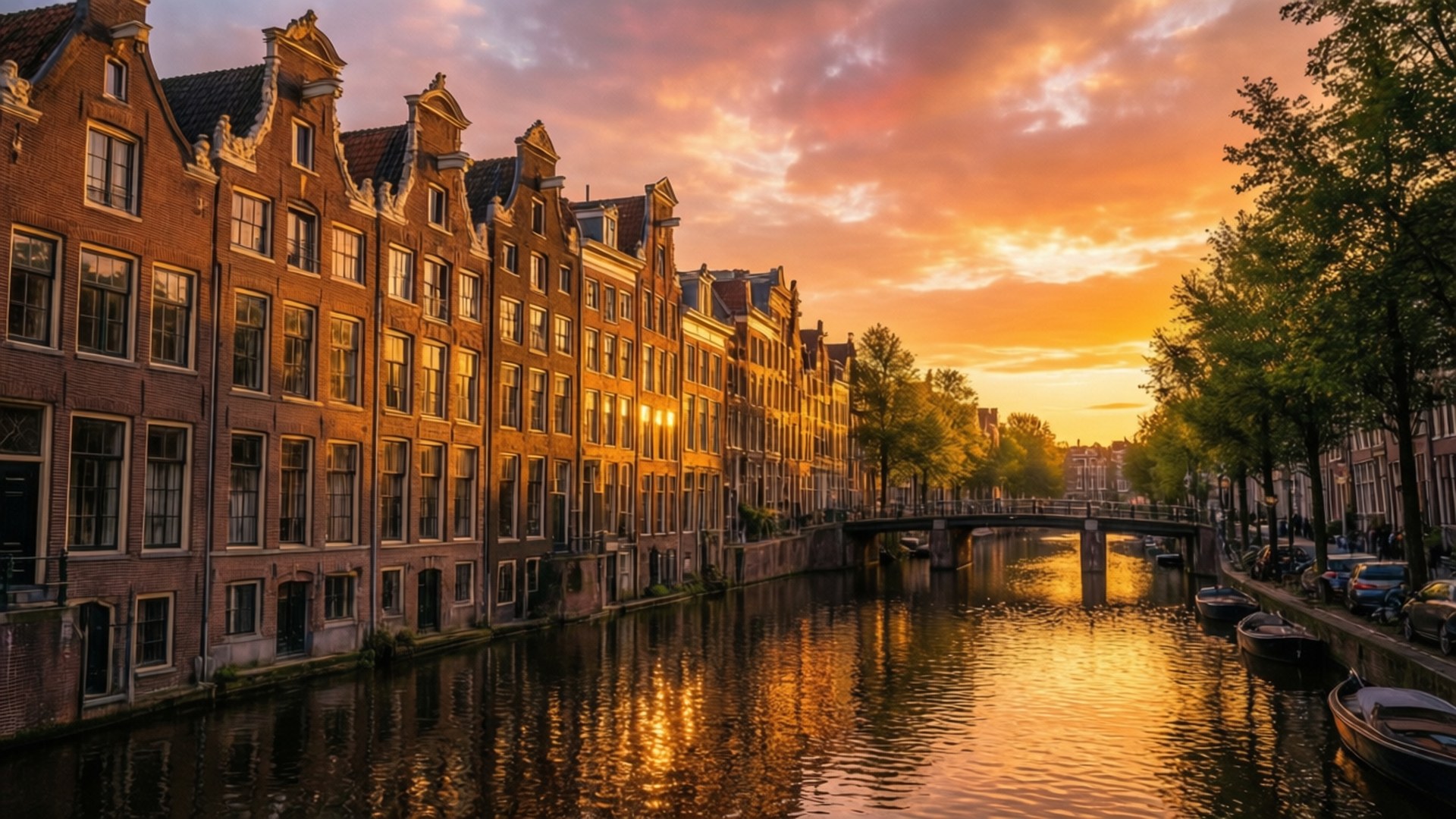 Golden Canal Amsterdam 壁紙 — 金色夕陽將溫暖光線投射在歷史悠久的荷蘭運河房屋上，倒映在平靜的水面，伴隨著一座小橋和樹木。