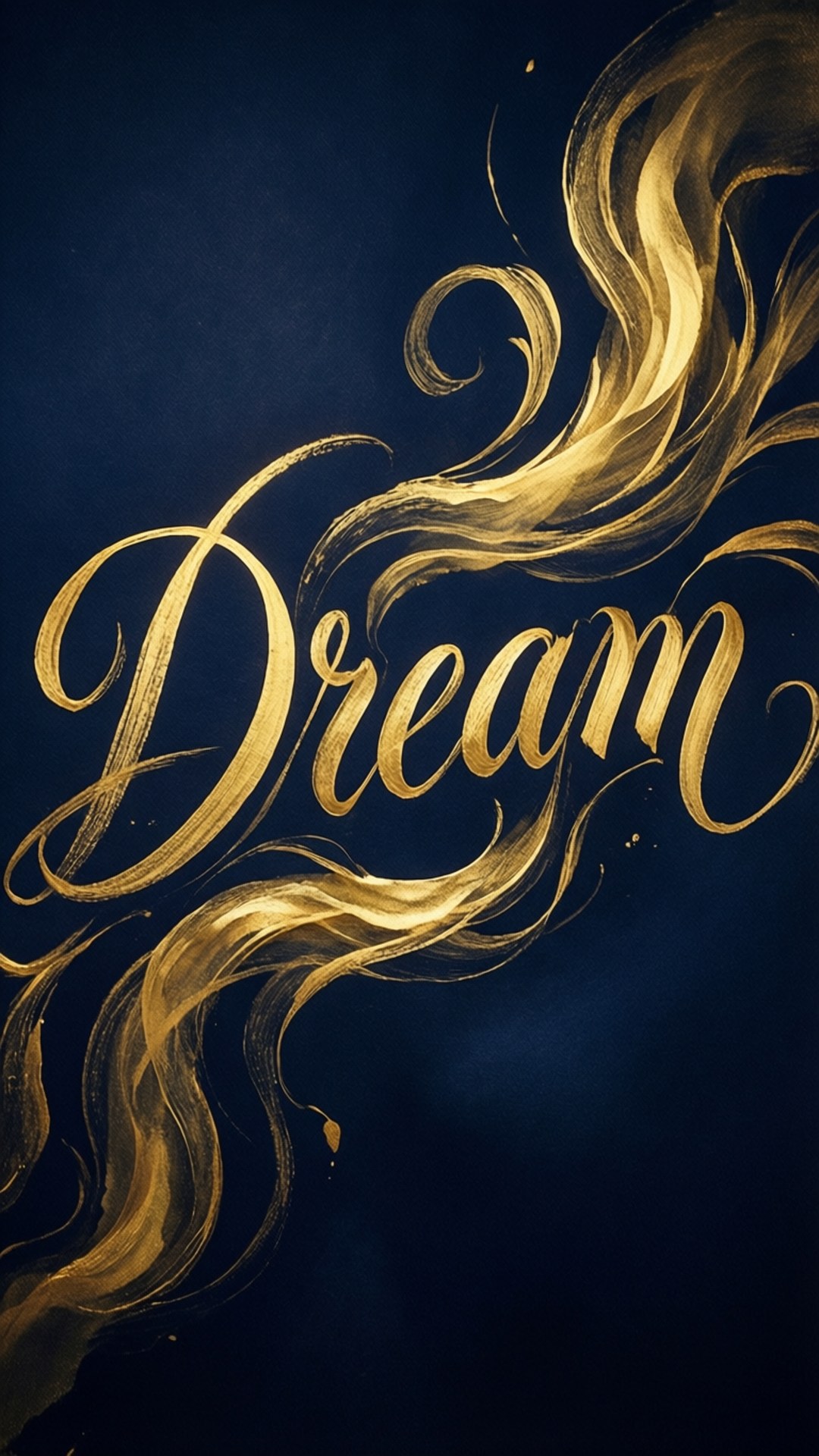 calligraphy 桌布 壁紙 — 金色旋轉書法拼寫出「Dream」，在深海軍藍背景上動態流動。