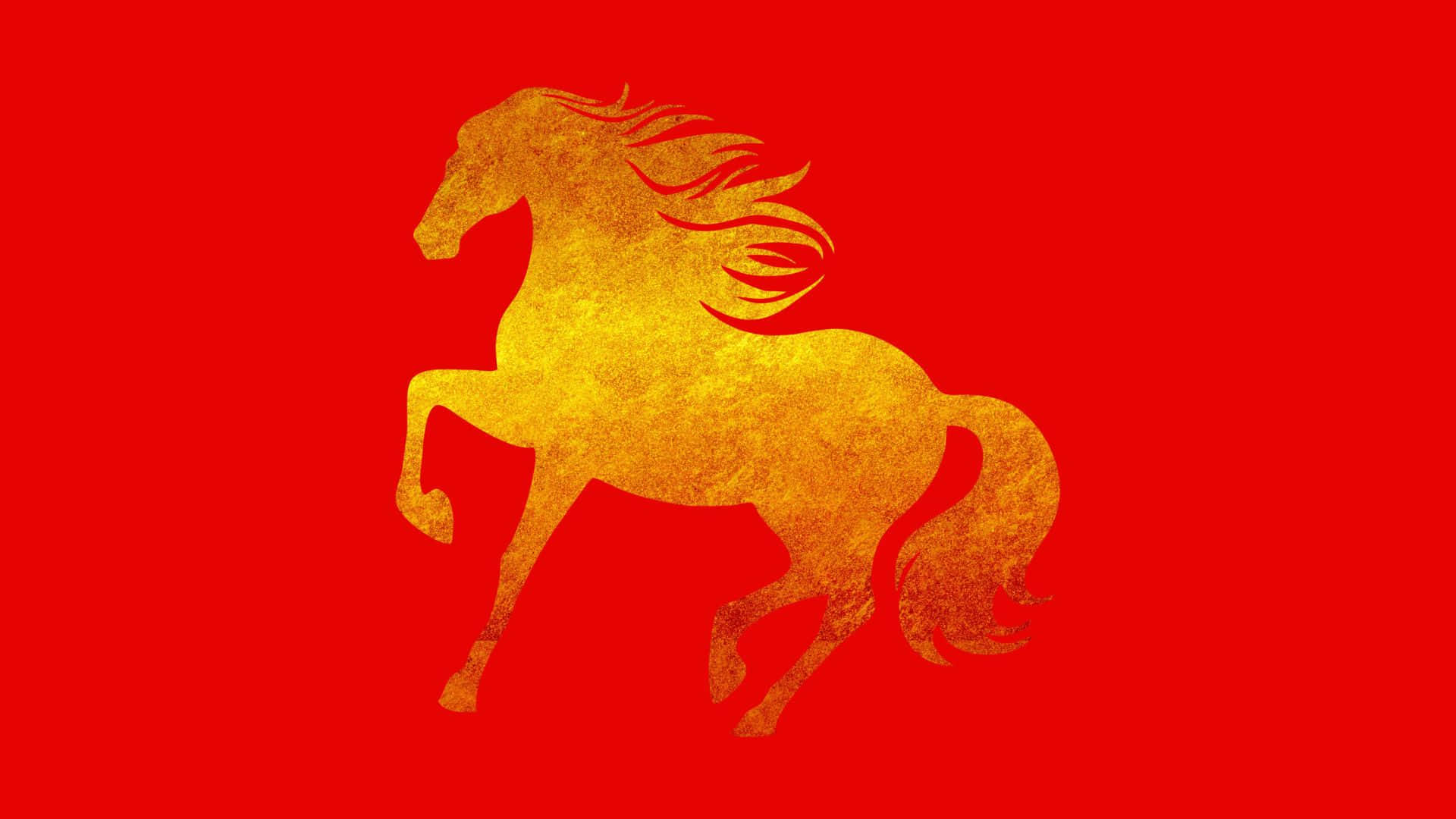  壁紙 — 金色紋理馬匹剪影在鮮紅色背景上動態奔騰。