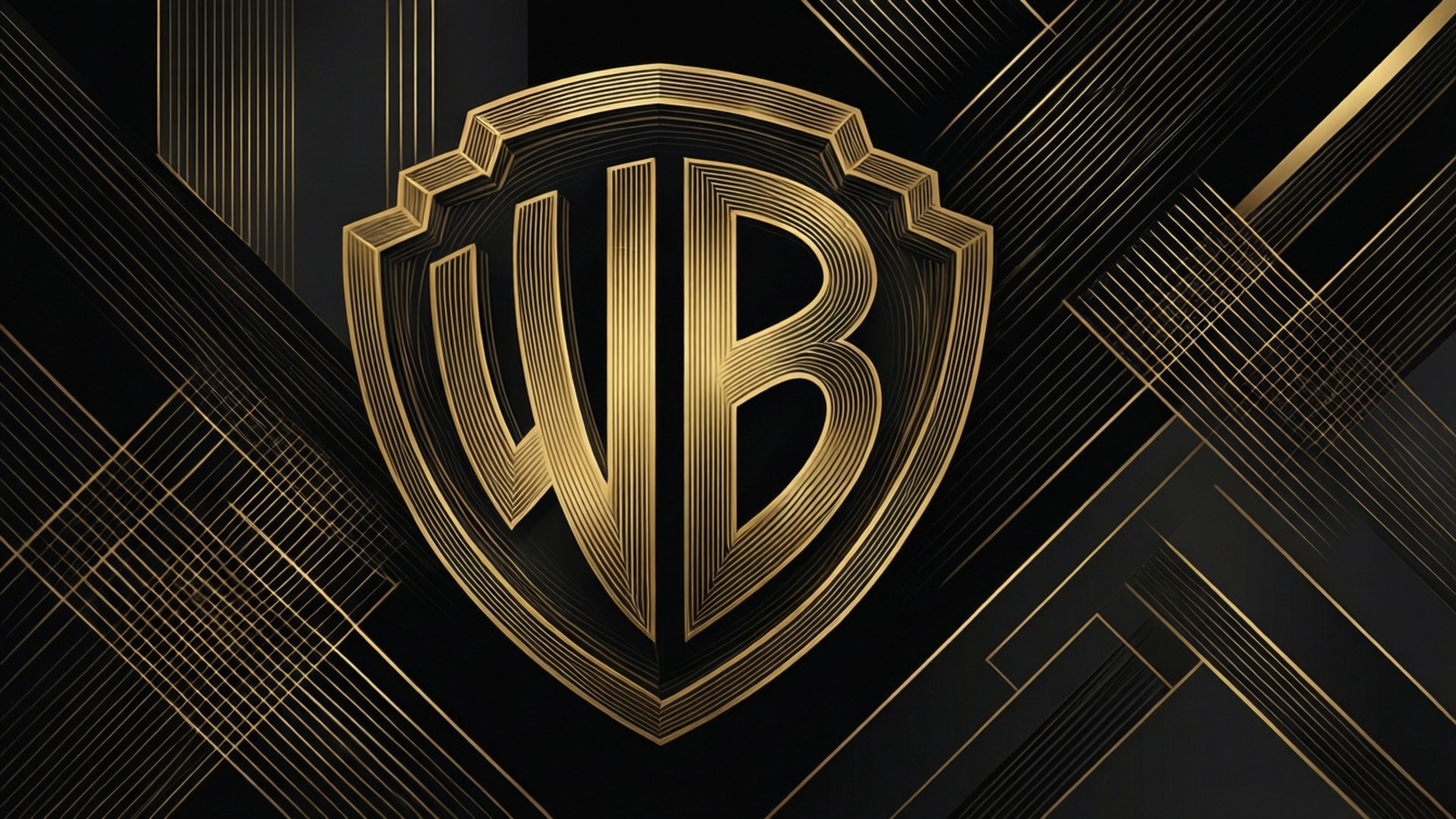 DC Studios 桌布 壁紙 — 金色華納兄弟盾牌標誌在黑色背景上閃耀，帶有幾何金色線條。