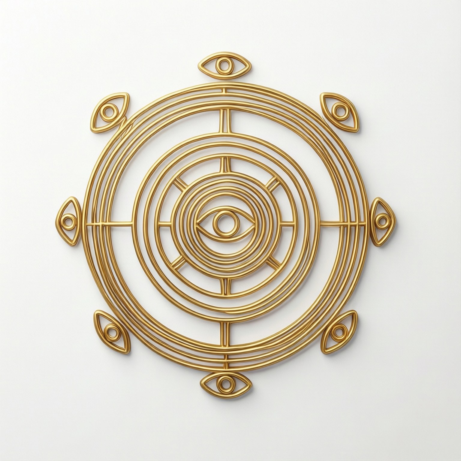 Ophanim 桌布 壁紙 — 金色線框曼陀羅，帶有同心圓和眼睛圖案，在純白色背景上向外輻射。