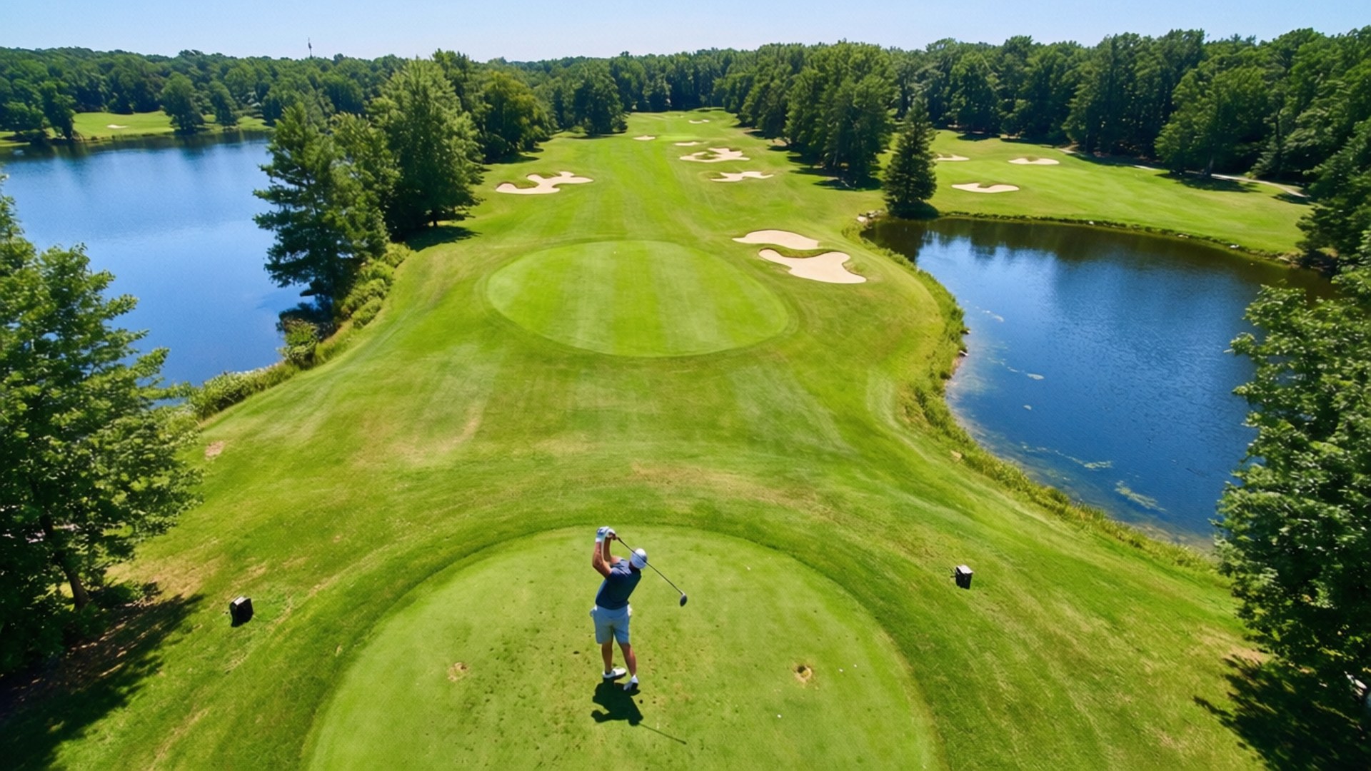 Aerial Swing Over the Course 壁紙 — 一名高爾夫球手在陽光明媚的夏日下，於鬱鬱蔥蔥的球道上揮桿，球道兩旁是寧靜的湖泊和茂密的樹林。