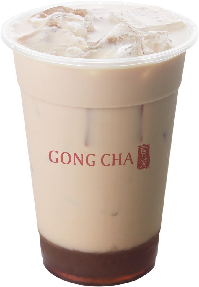 茶 桌布 壁紙 — Gong Cha 杯中的奶油冰珍珠奶茶，底部有冰塊和棕色茶層。