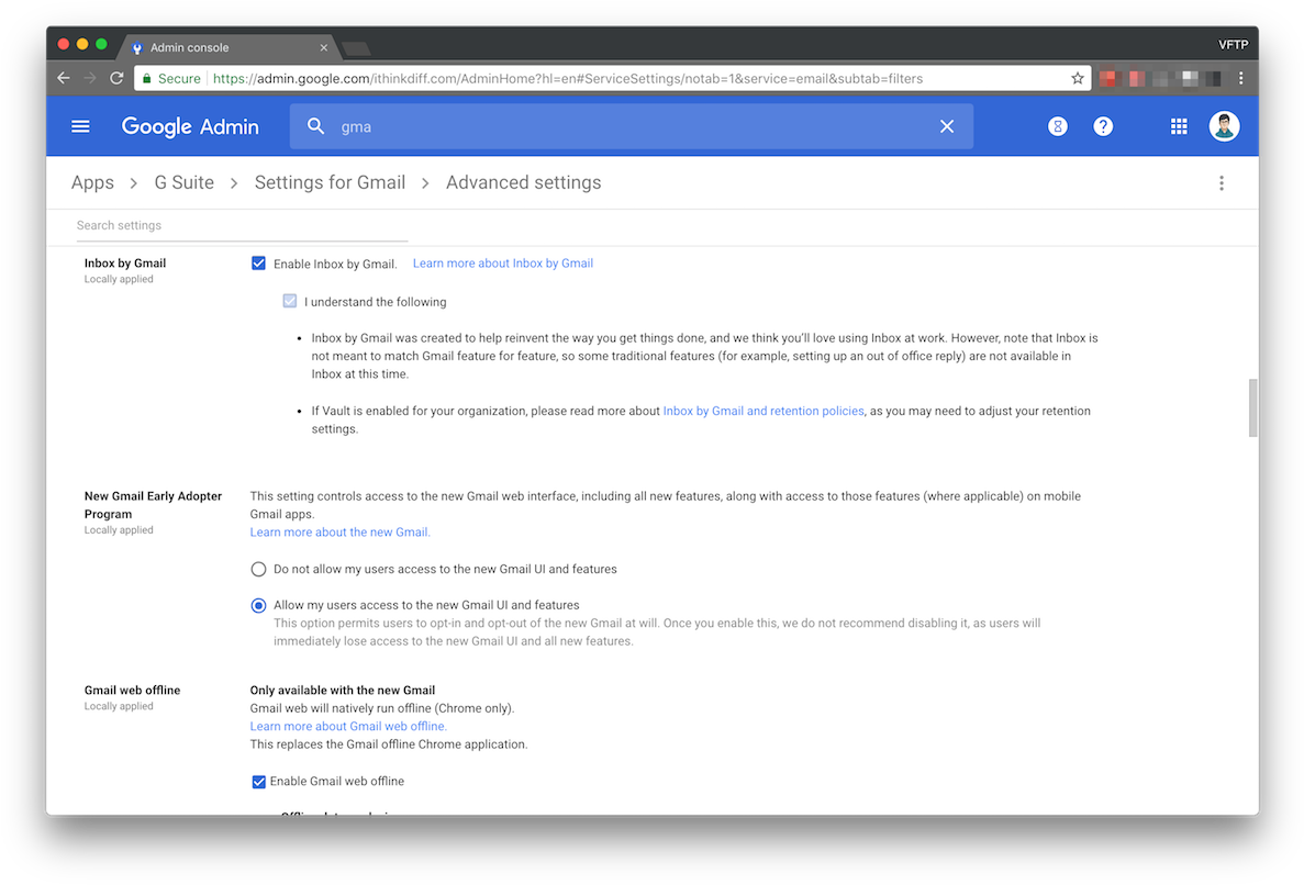 Gmail 動圖 桌布 壁紙 — Google Admin 控制台畫面顯示 Gmail 進階設定，已啟用 Inbox by Gmail 和離線功能。