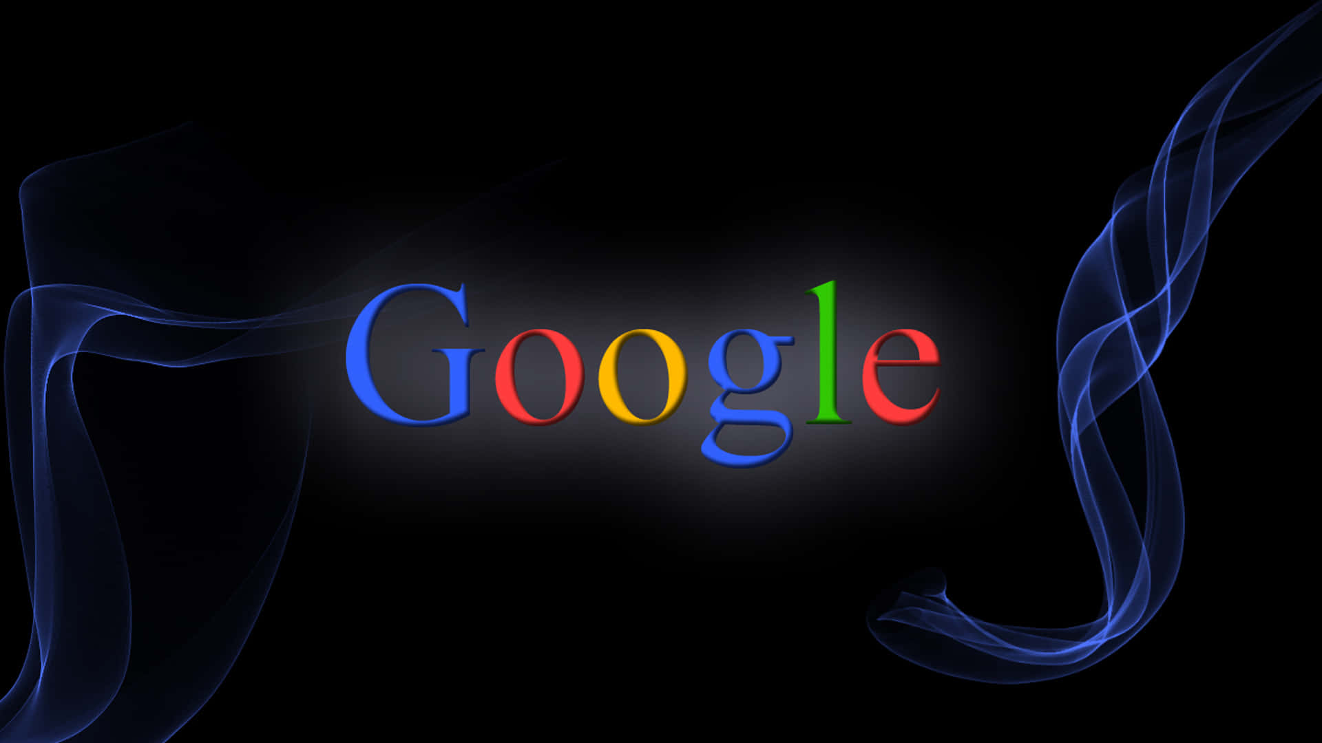 黑色背景上帶有藍色煙霧漩渦的 Google 標誌 — Google 壁紙