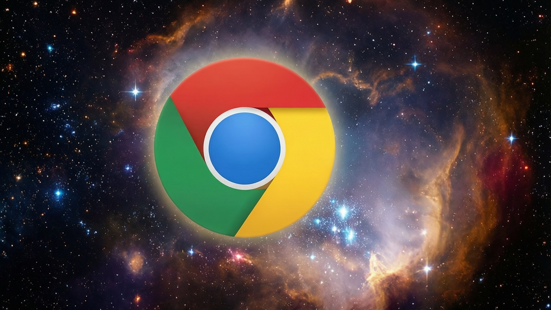 Chrome in Space 壁紙 — Google Chrome 標誌在充滿星星和旋轉氣體的鮮豔宇宙星雲中發光漂浮。