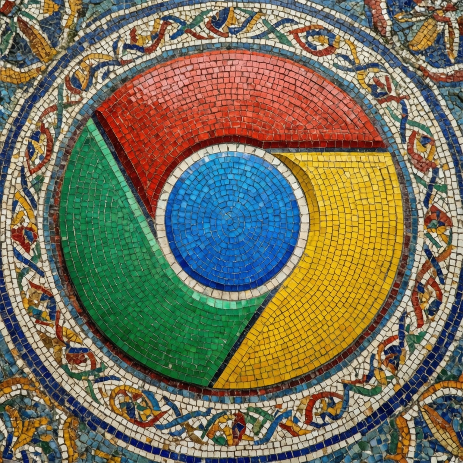 Mosaic Chrome 壁紙 — 一幅馬賽克藝術作品描繪了Google Chrome標誌，由紅色、綠色、黃色和藍色瓷磚組成，周圍環繞著裝飾圖案。