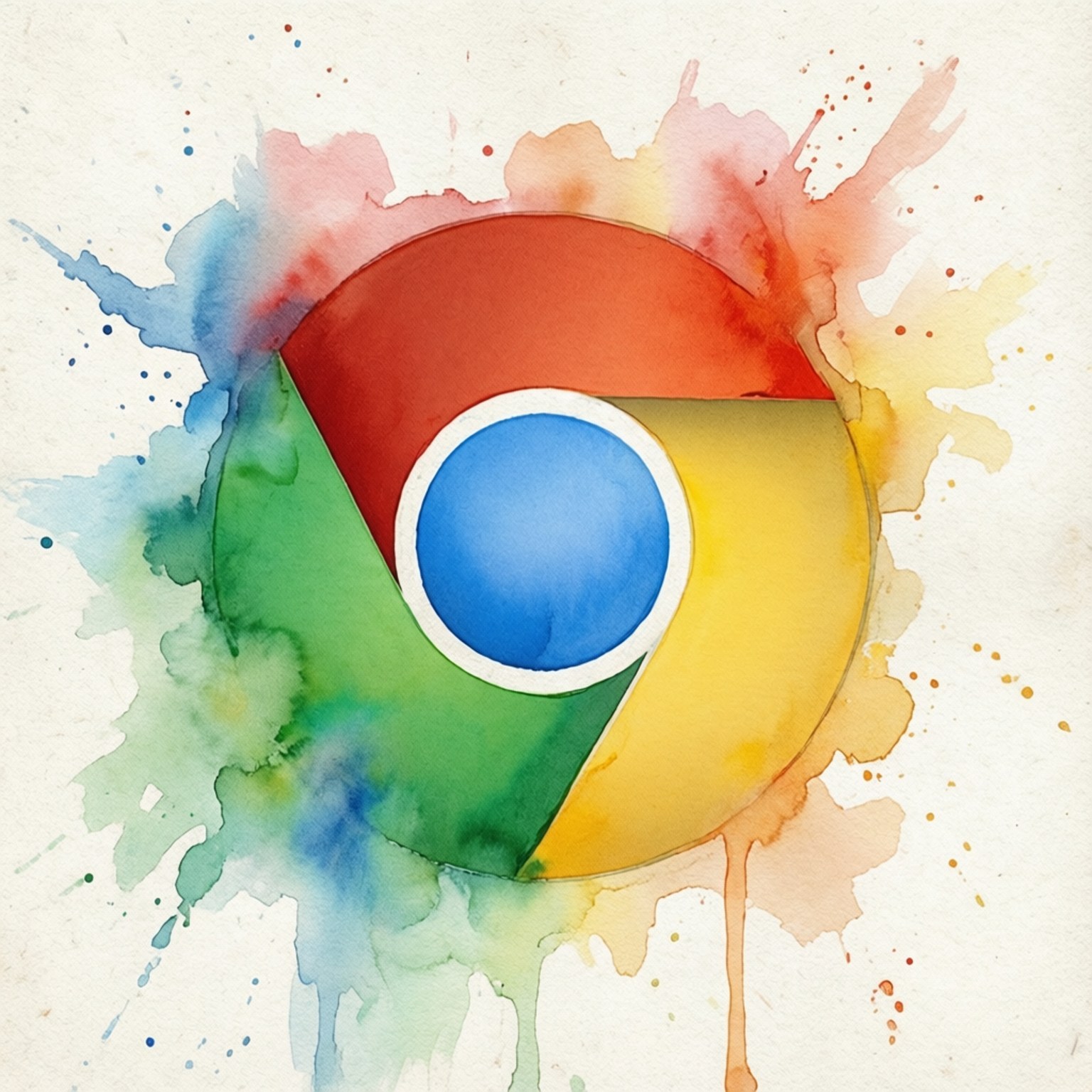 Watercolor Chrome 壁紙 — 水彩飛濺圍繞 Google Chrome 標誌，鮮豔的紅、綠、黃、藍色調在紋理紙上暈開。