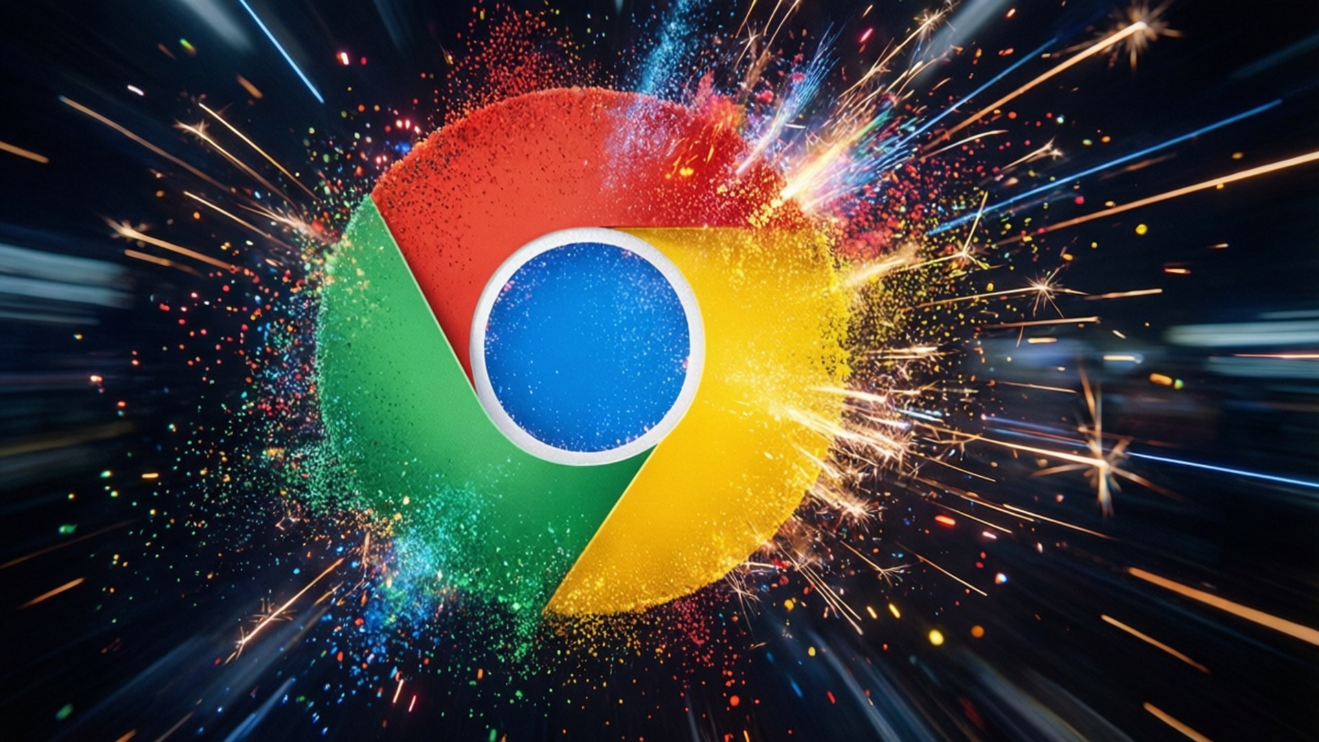 Chrome Particle Explosion 壁紙 — Google Chrome 標誌在深色背景上爆發出色彩繽紛的煙火和閃爍的粒子。