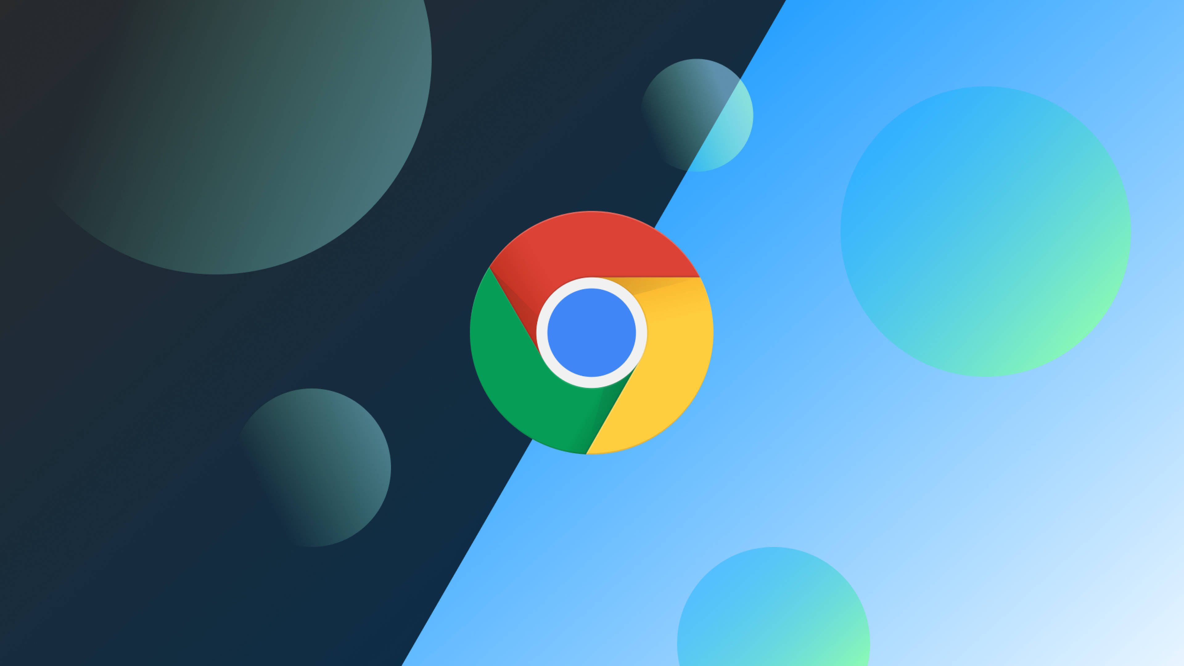 Google Chrome 桌布 壁紙 — Google Chrome 標誌居中，背景為深青色和淺藍色分割，帶有浮動漸變圓圈。