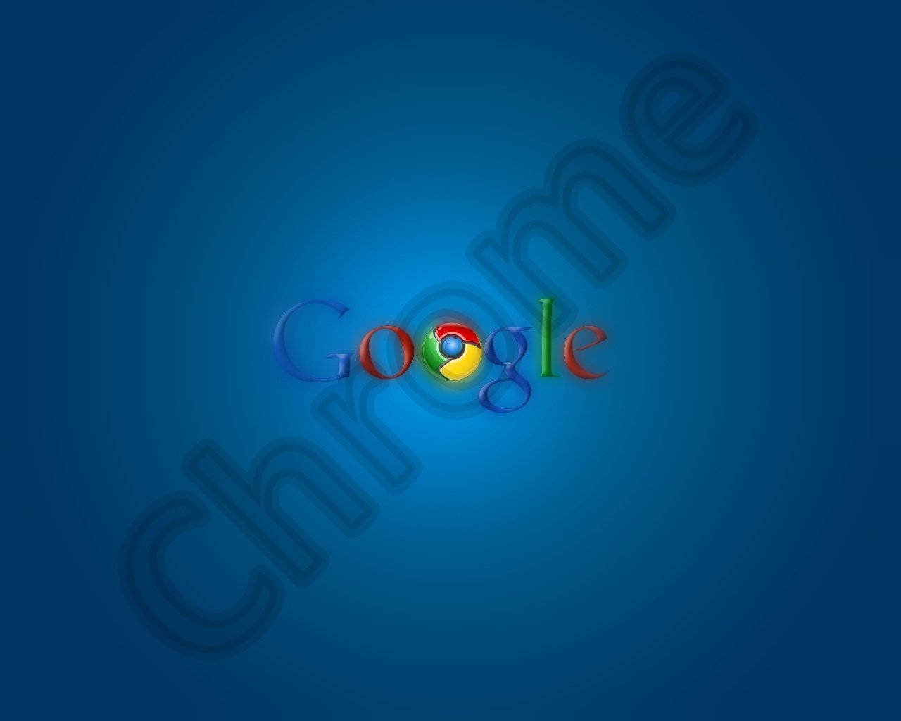 Google Chrome 桌布 壁紙 — Google Chrome 標誌在漸變藍色背景上發出彩虹光芒，帶有微弱水印。