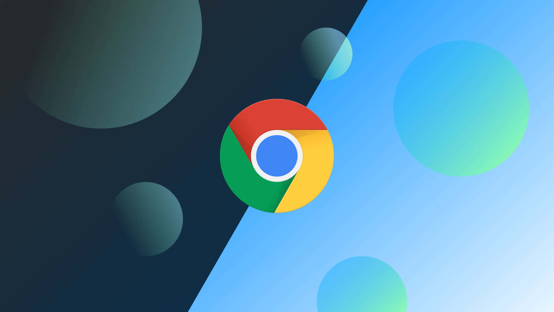 Google Chrome 桌布 壁紙 — Google Chrome 標誌居中於分割的深青色和淺藍色背景上，帶有浮動漸變圓圈。