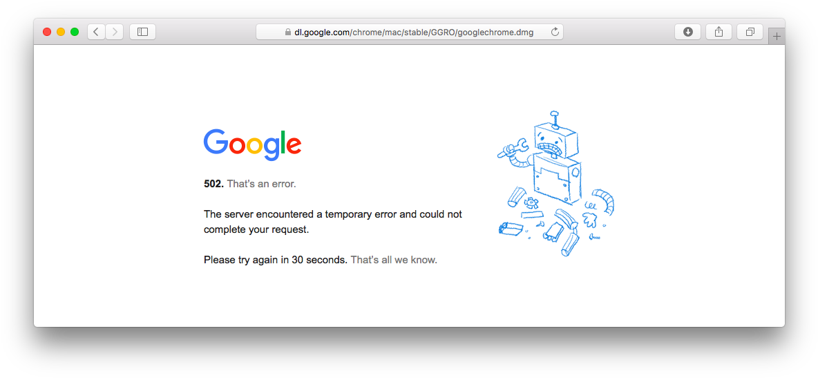 Google Chrome 桌布 壁紙 — Google Chrome瀏覽器視窗顯示502錯誤頁面，有一個藍色線條機器人拿著扳手和散落的零件。