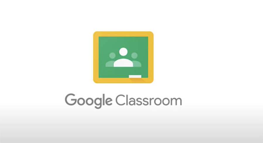 Learning 桌布 壁紙 — Google Classroom 標誌，綠色黑板上有白色學生圖示和黃色邊框，淺灰色背景。