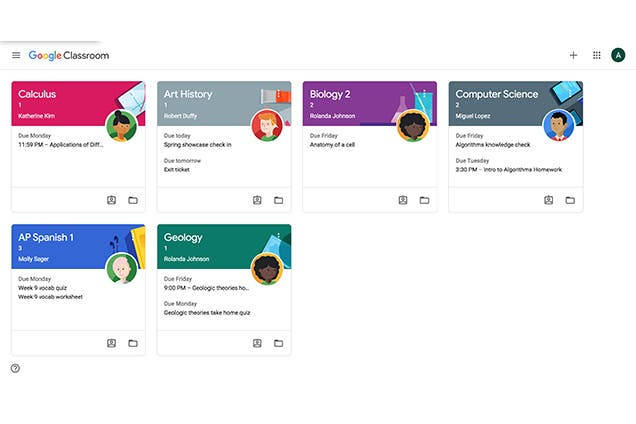  壁紙 — Google Classroom 儀表板顯示六張色彩繽紛的班級卡片，包含學生頭像、截止日期和作業。