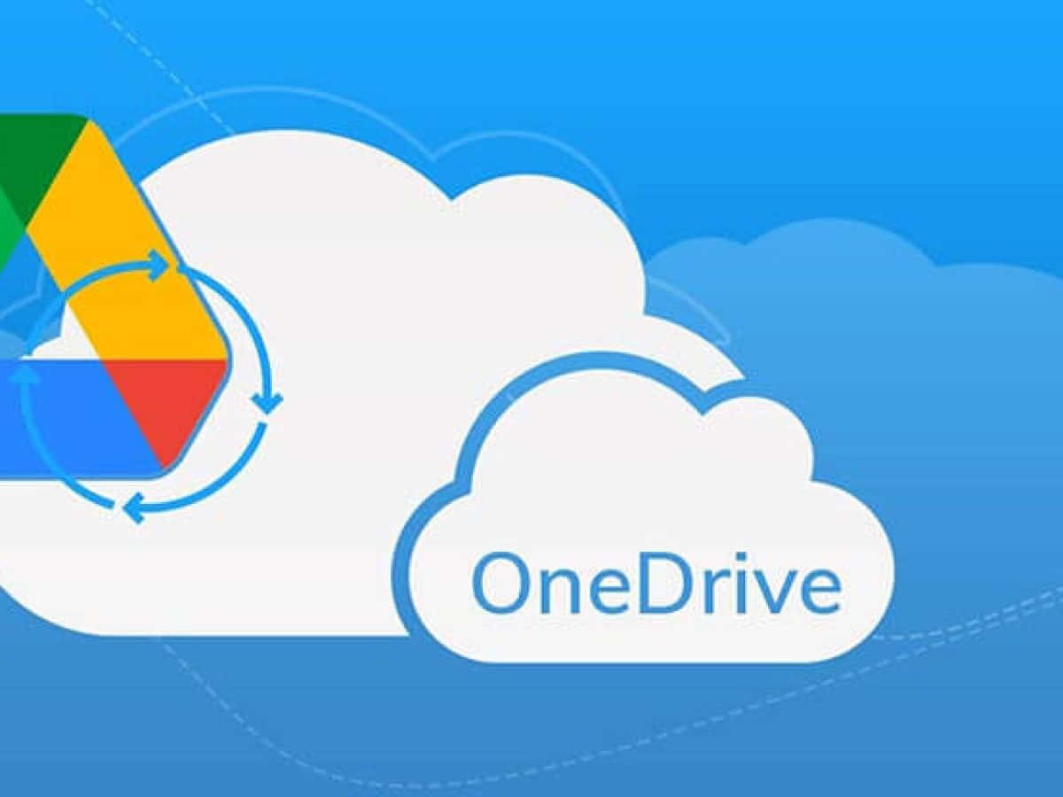 google 桌布 壁紙 — Google Drive 圖示與 OneDrive 雲端標誌在藍色漸層背景上同步。