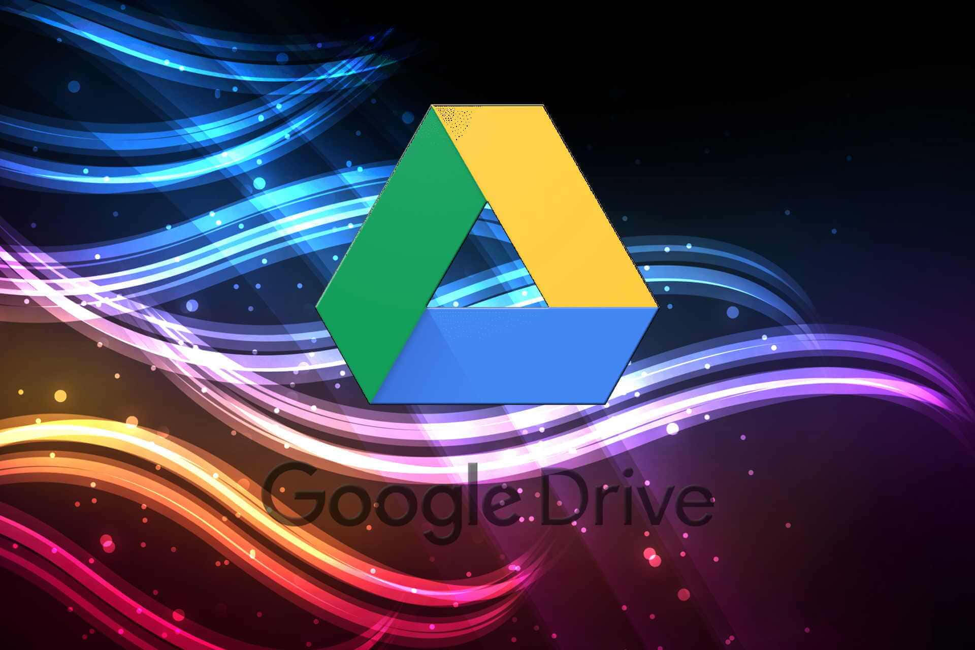 美學 桌布 壁紙 — Google Drive 標誌居中於充滿活力的抽象背景上，帶有發光的彩虹波浪和閃爍的粒子。