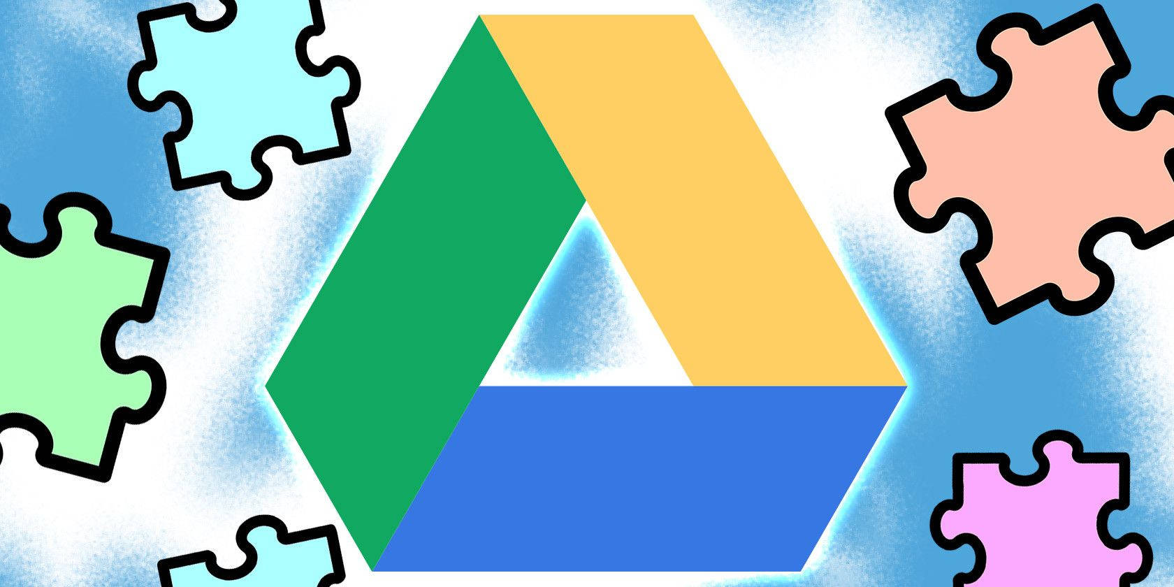 科技動圖 桌布 壁紙 — Google Drive 標誌置中於浮動彩色拼圖塊之間，背景為紋理藍色。