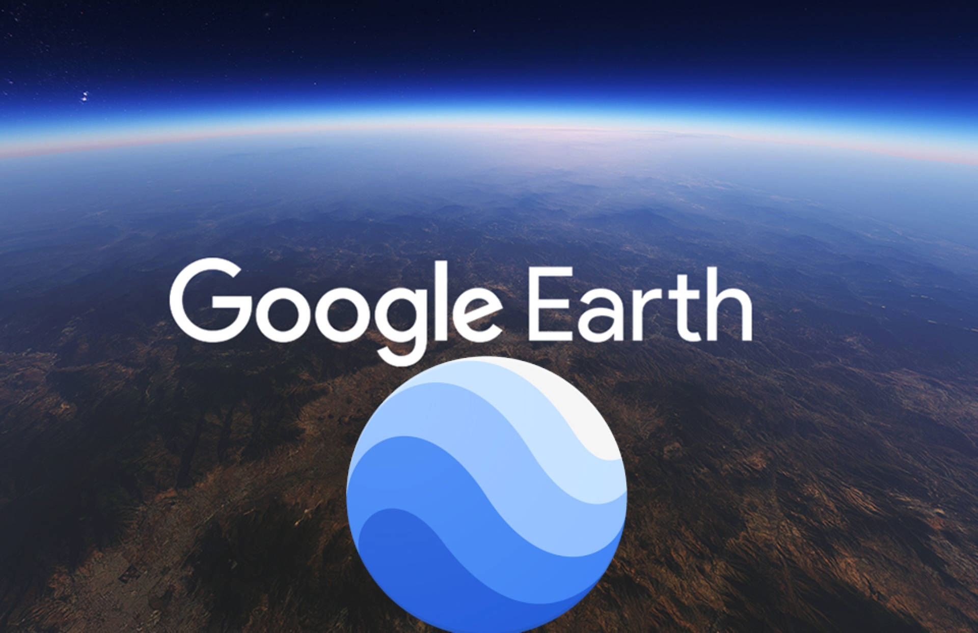 Google 地球 桌布 壁紙 — Google Earth 標誌漂浮在從太空看到的地球彎曲表面上，黑暗的天空中可見星星。