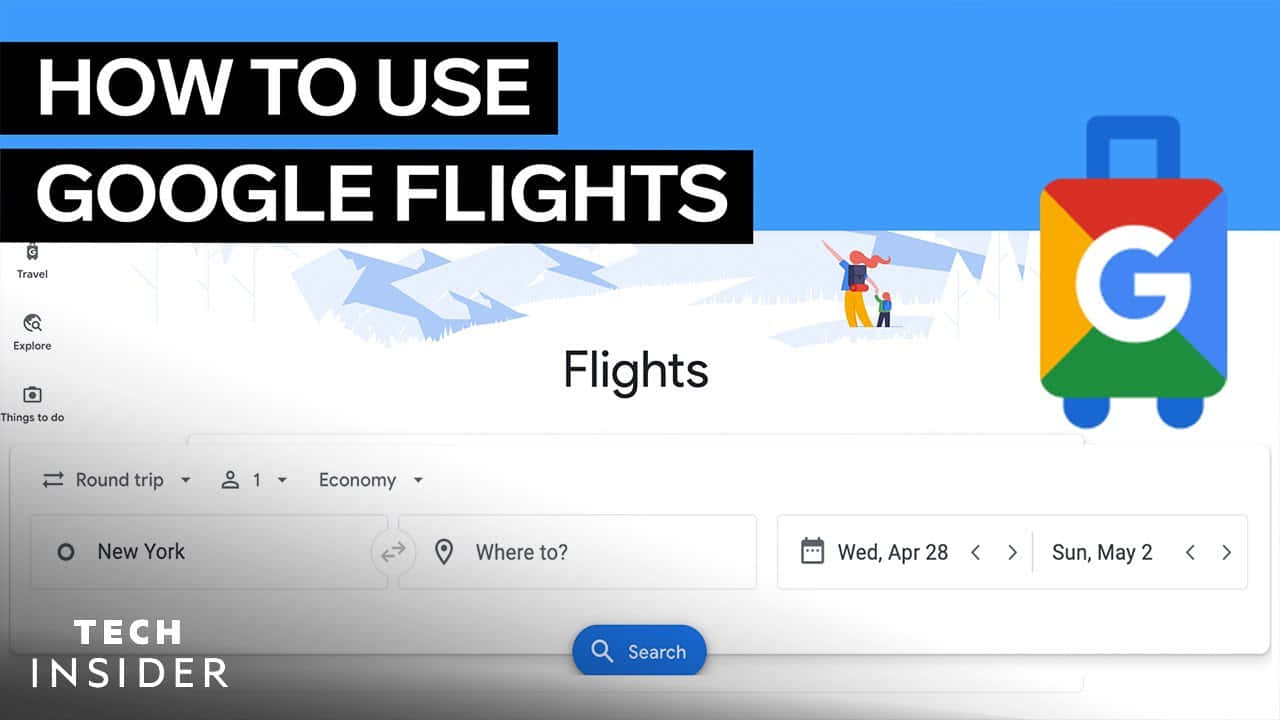 Google Flights 旅行搜尋介面，附有雪山和彩色行李箱標誌。 — Google Meet 壁紙