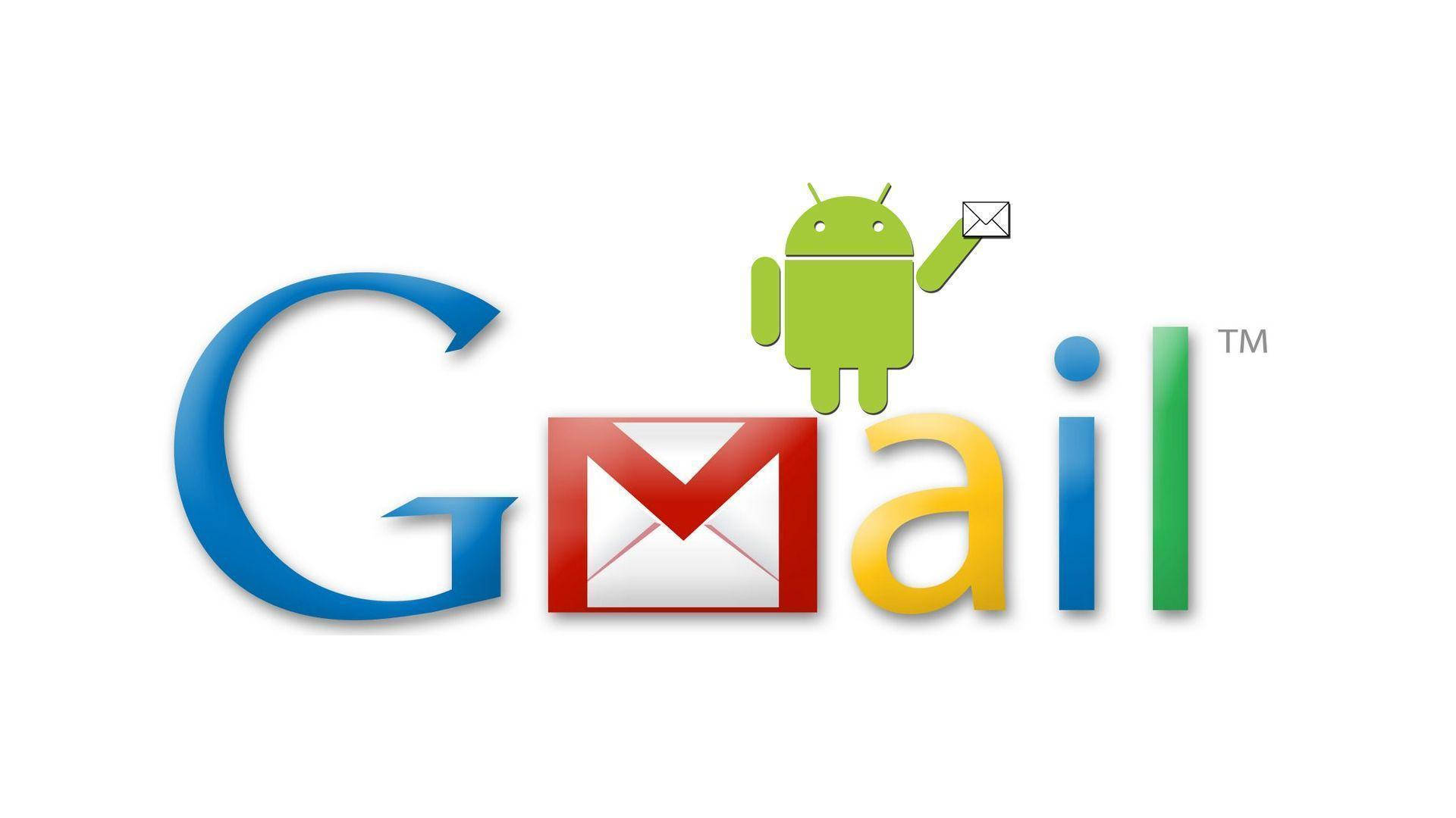 Gmail 動圖 桌布 壁紙 — Google Gmail 標誌，綠色 Android 吉祥物手持信封，白色背景。