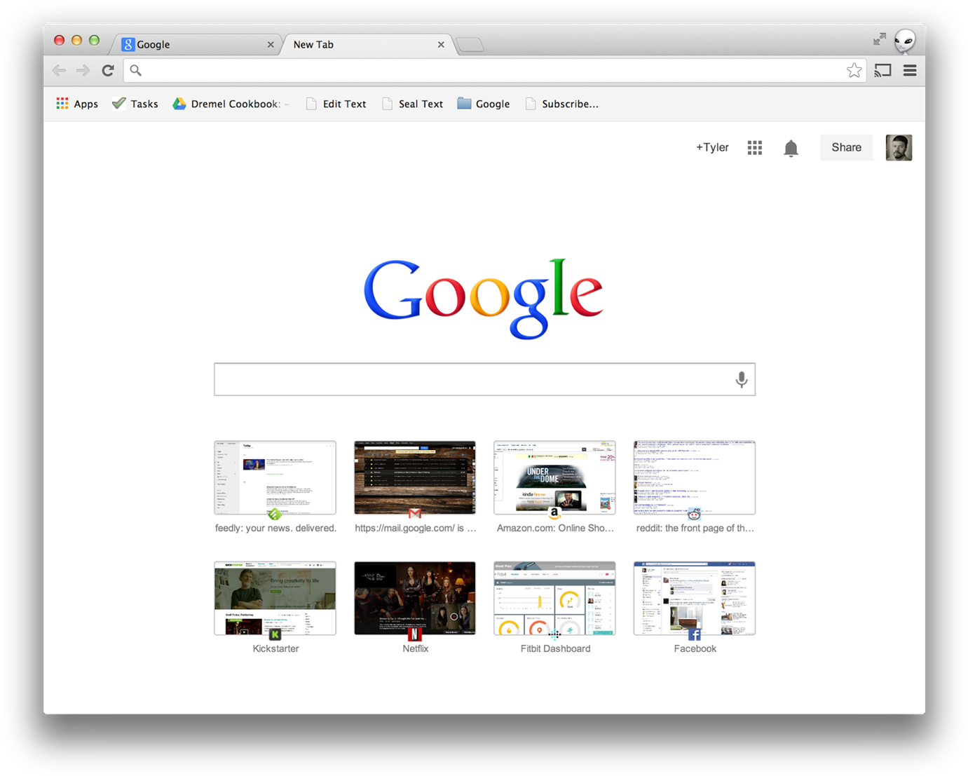 Mac 瀏覽器上的 Google 搜尋首頁，包含快速連結和用戶個人資料。 — Google 壁紙