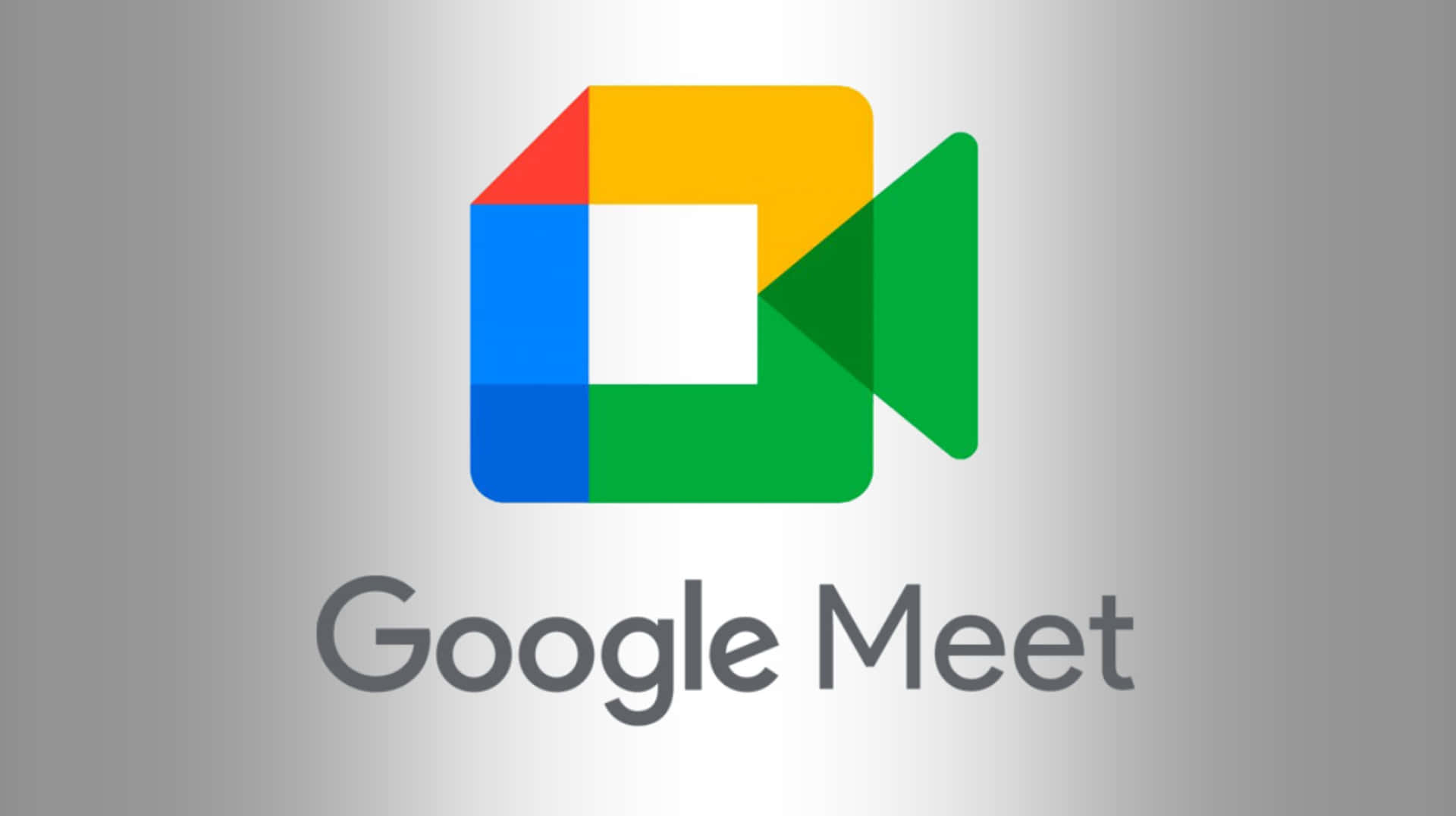 Google Meet 標誌，帶有彩色圖示，背景為銀色漸變。 — Google Meet 壁紙