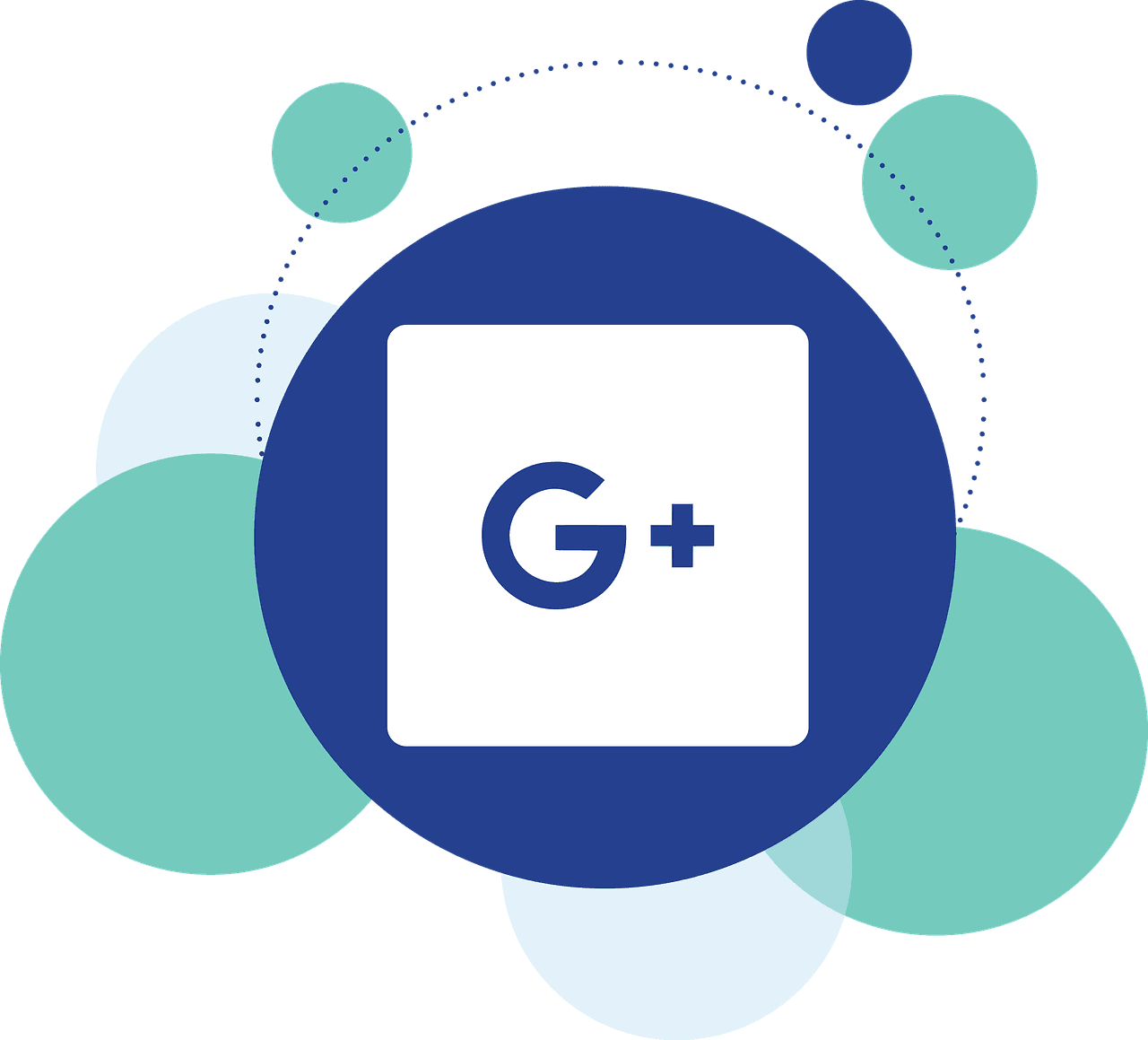Gmail 動圖 桌布 壁紙 — Google Plus 標誌居中在藍色圓圈內，周圍環繞著青綠色和淺藍色圓圈，背景為深青綠色。