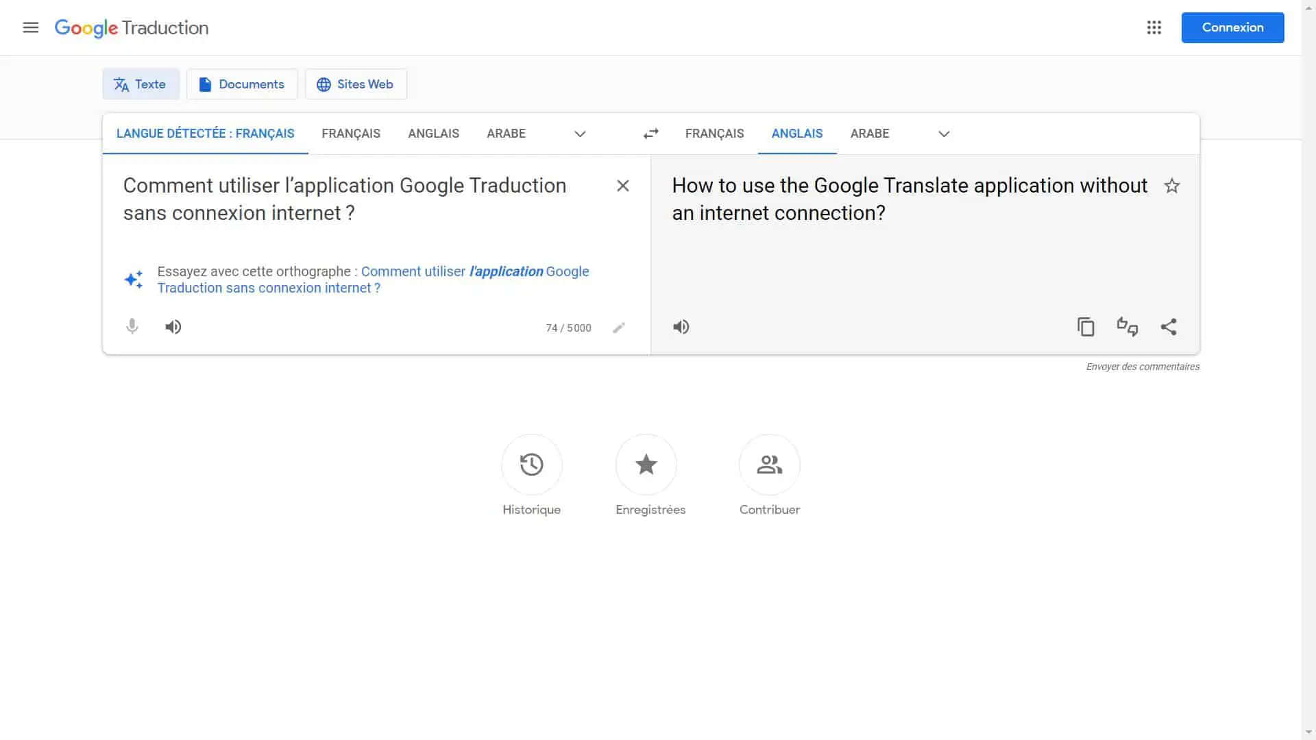 Google 翻譯在沒有網際網路的情況下將法文文字翻譯成英文。 — Google 壁紙