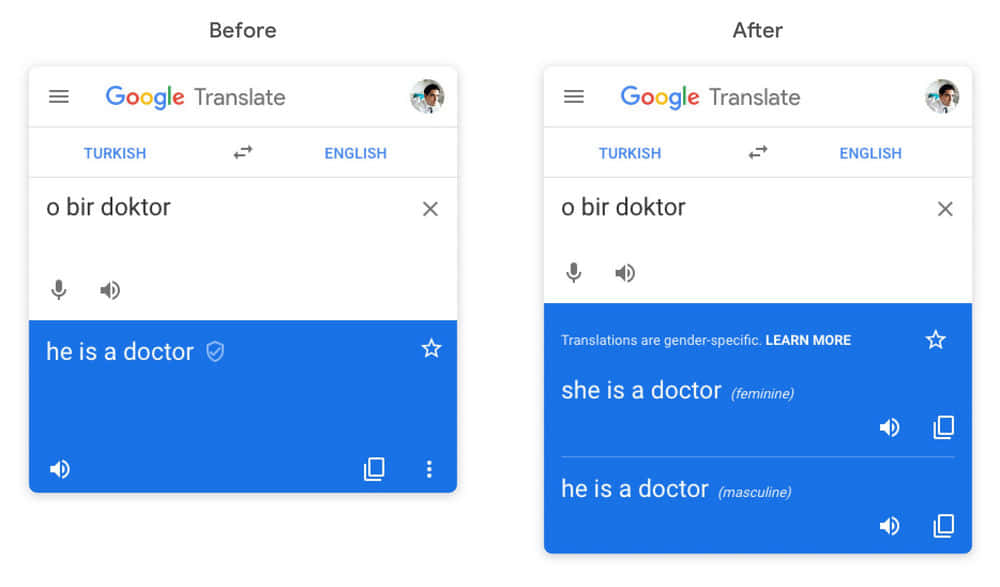 Google 翻譯應用程式顯示從土耳其語到英語的性別特定翻譯選項。 — Google 壁紙