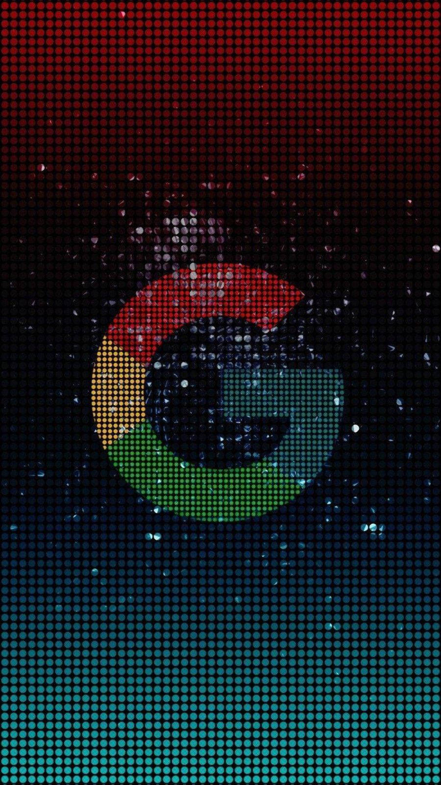  壁紙 — Google 標誌以鮮豔的像素化點狀呈現，背景為紅色到藍綠色的漸變，帶有閃爍粒子。