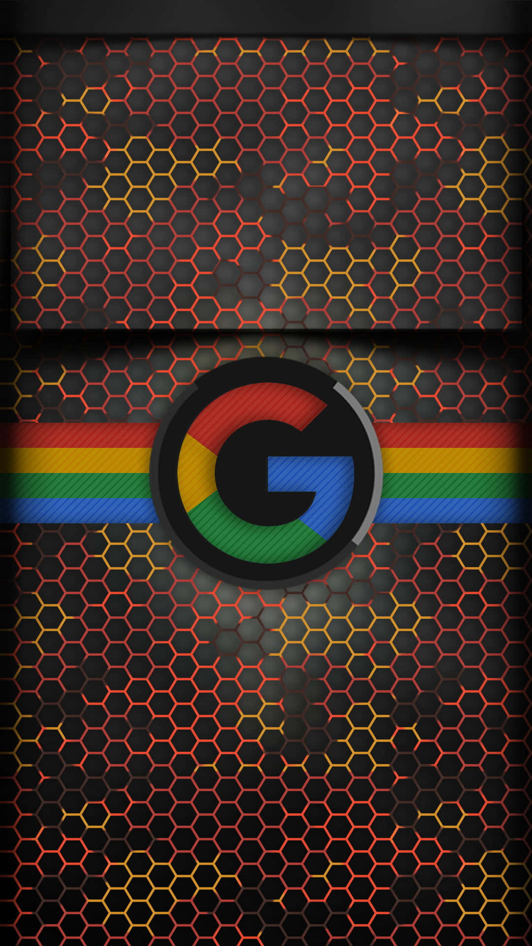 Google Chrome 桌布 壁紙 — Google 標誌居中於深色六邊形網格上，帶有發光的橙黃色線條和彩虹條紋。