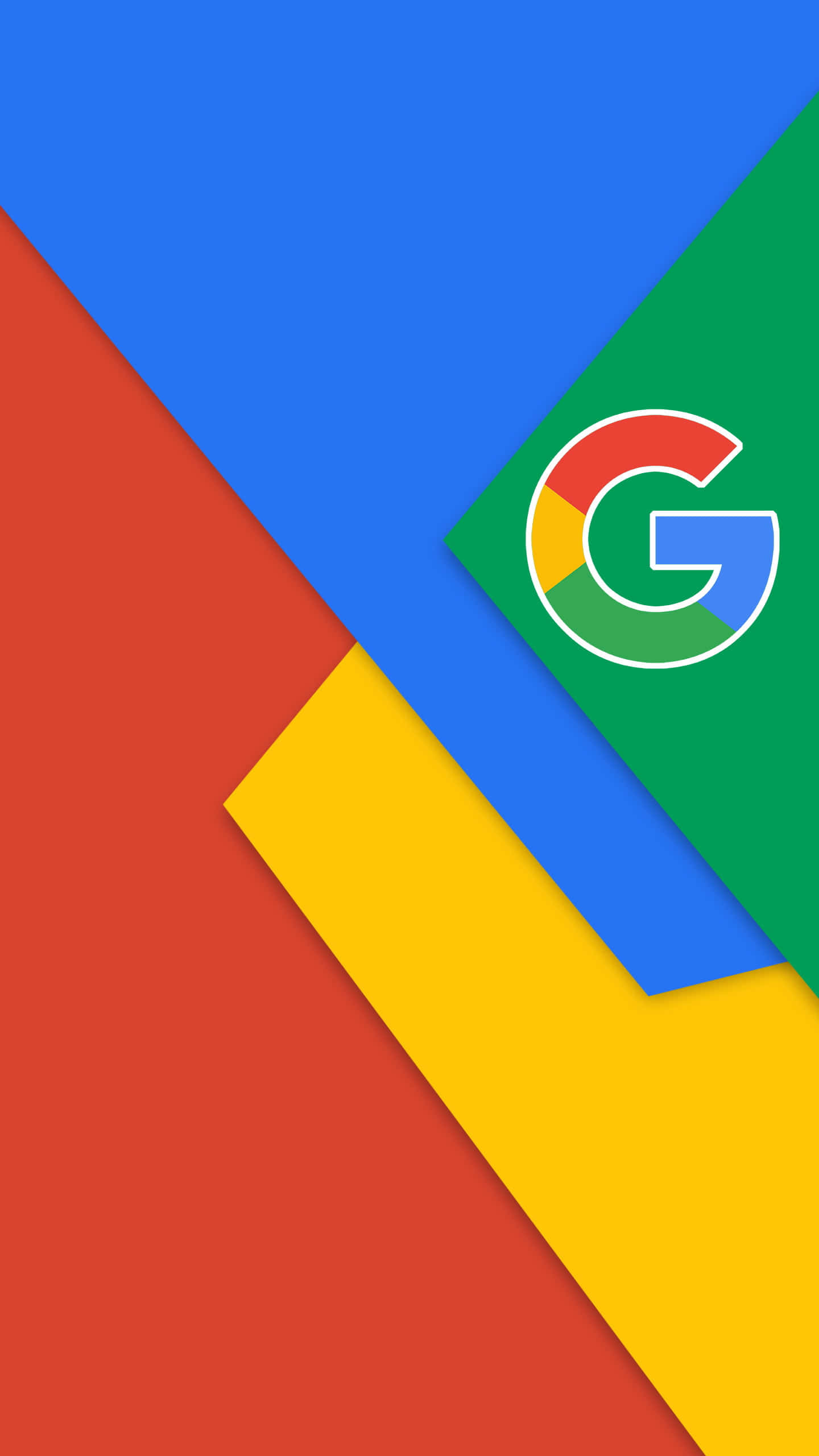 Google Chrome 桌布 壁紙 — Google 標誌居中於藍、紅、黃、綠對角線面板的鮮豔幾何背景上。
