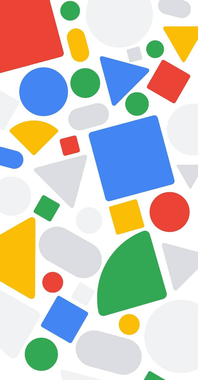 Pixel 4 桌布 壁紙 — Google 標誌性色彩的鮮豔幾何形狀漂浮在潔白的背景上。
