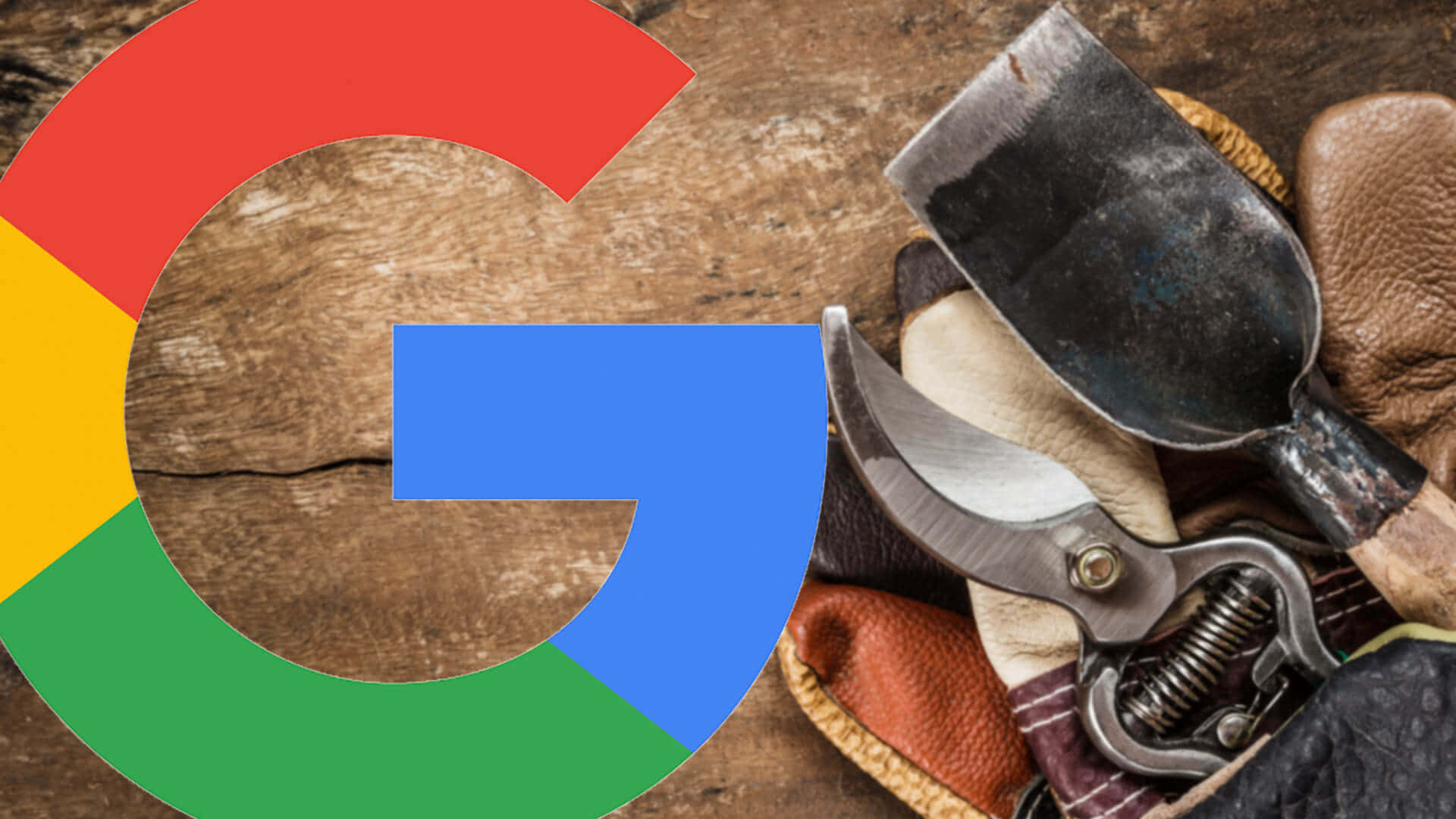 Google 標誌在木質背景上，配有園藝工具和手套。 — Google Meet 壁紙