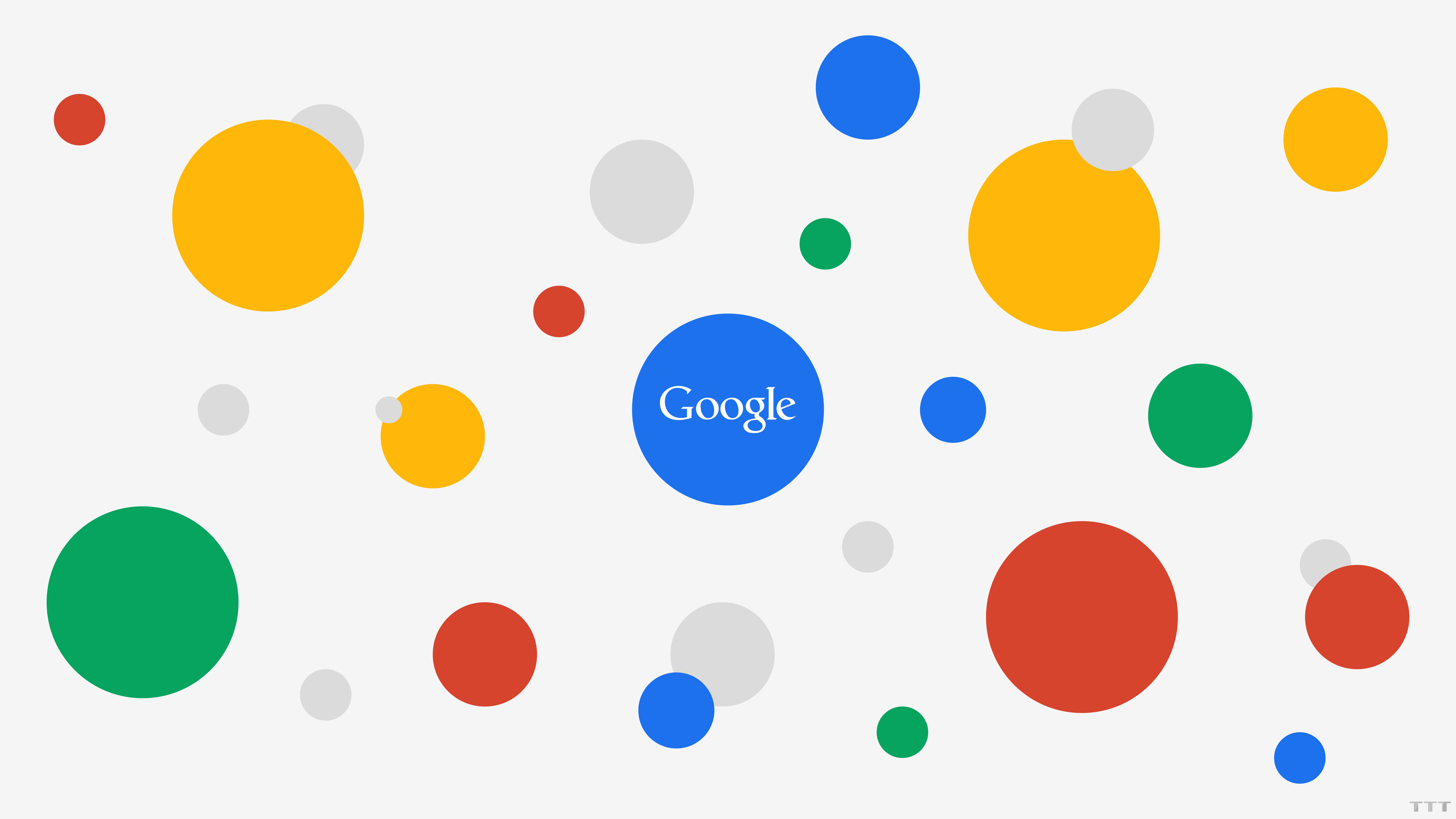 google 桌布 壁紙 — Google 標誌置中於淺灰色背景上的彩色浮動圓圈之間。